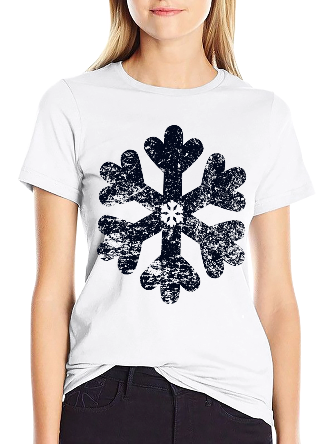 Snowflake Graphic Black T-Shirt Distressed Print