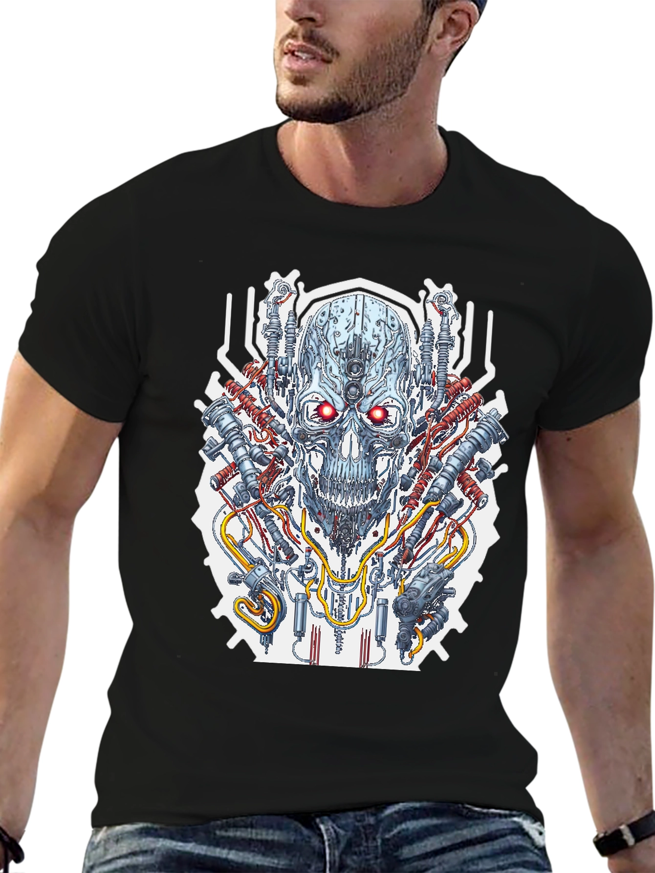 Cyberpunk Skull Graphic Tee - Mens Black T-Shirt