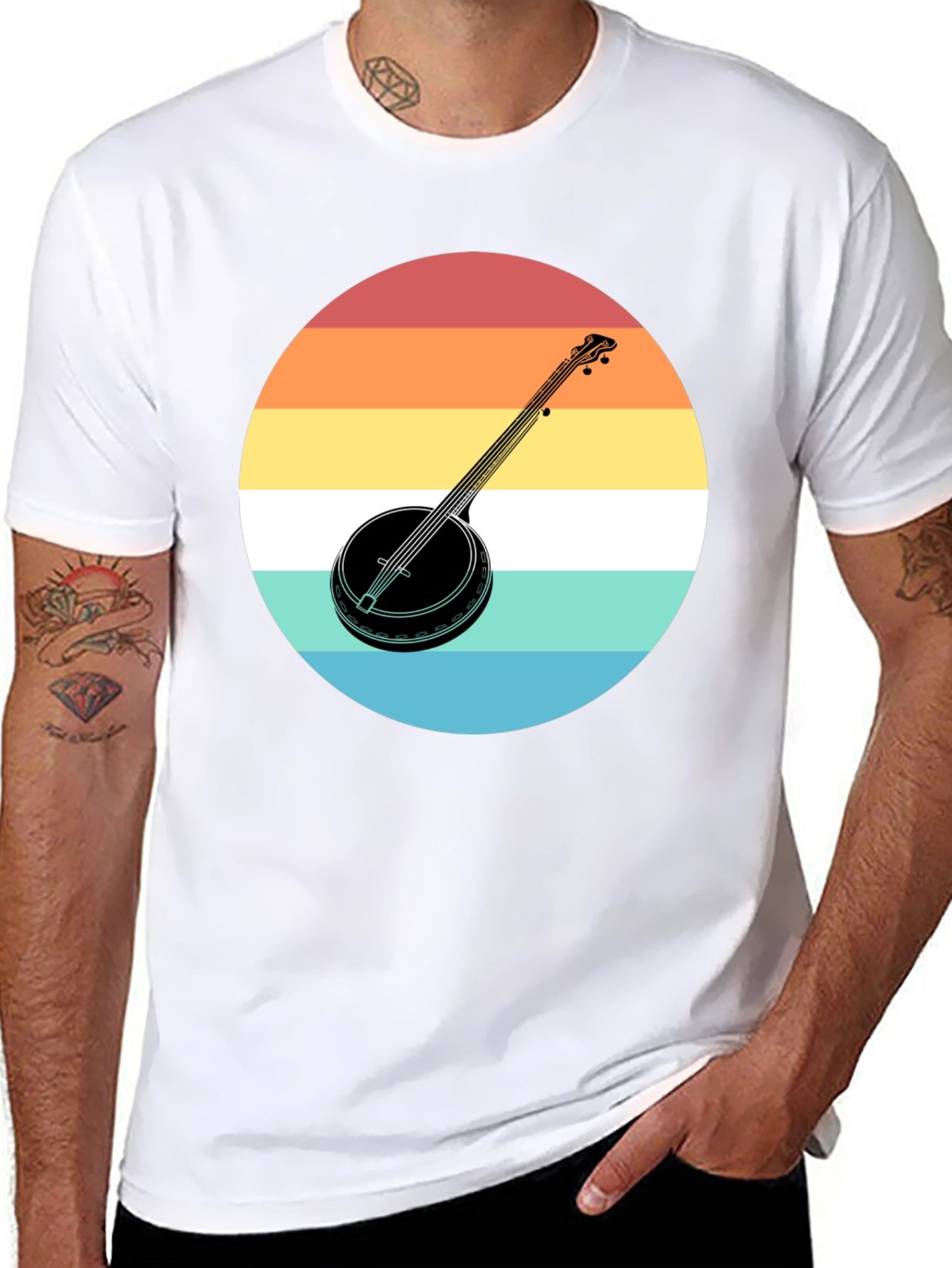 Retro Banjo Sunset Graphic Tee - Black Cotton T-Shirt