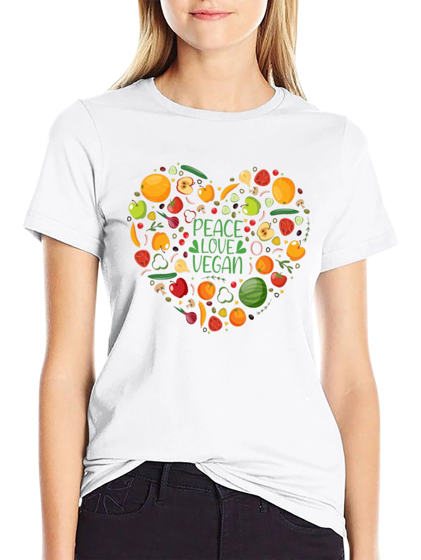 Peace Love Vegan T-Shirt - Heart Veggie Design