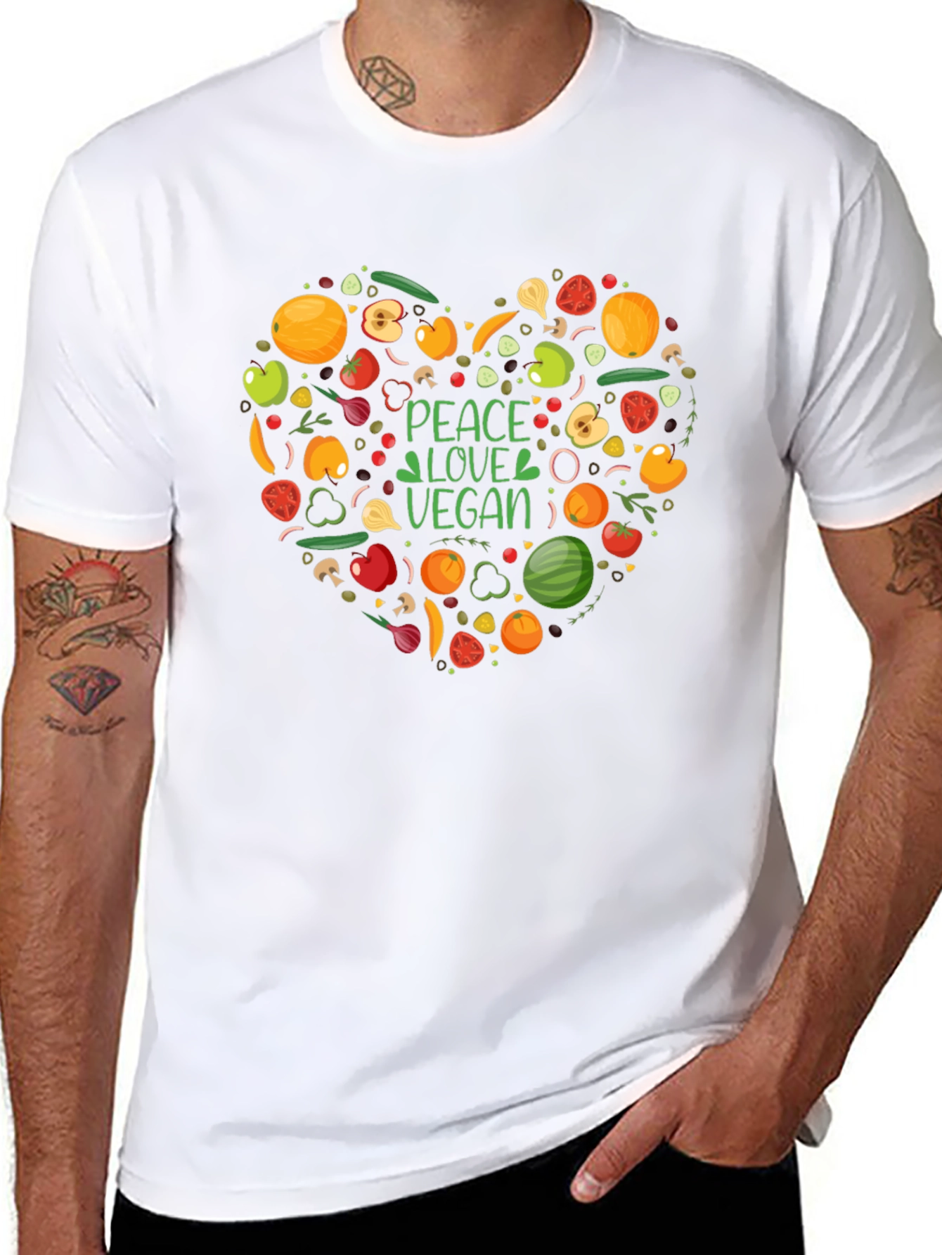 Peace Love Vegan T-Shirt - Heart Veggie Design