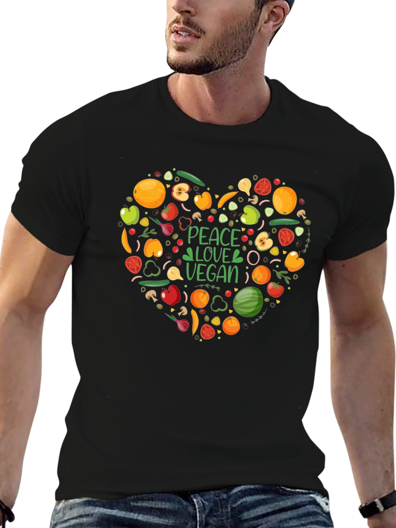 Peace Love Vegan T-Shirt - Heart Veggie Design