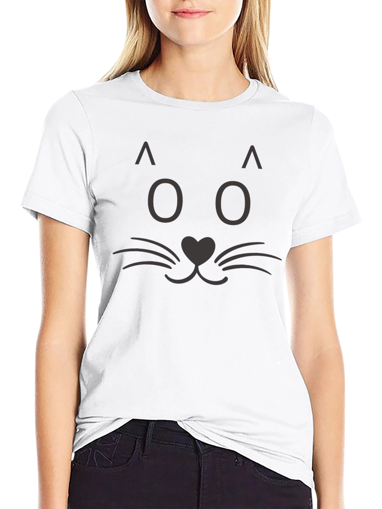Cute Cat Face Graphic Tee - Black