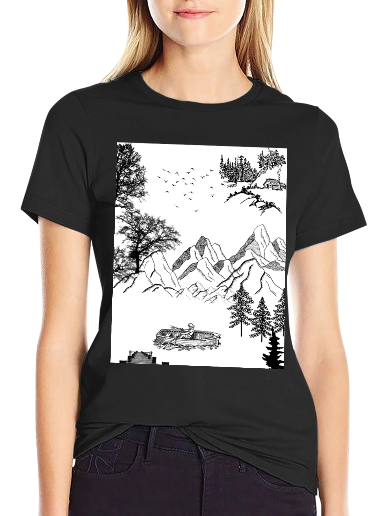 Nature Scene Graphic Tee - Black Cotton Blend