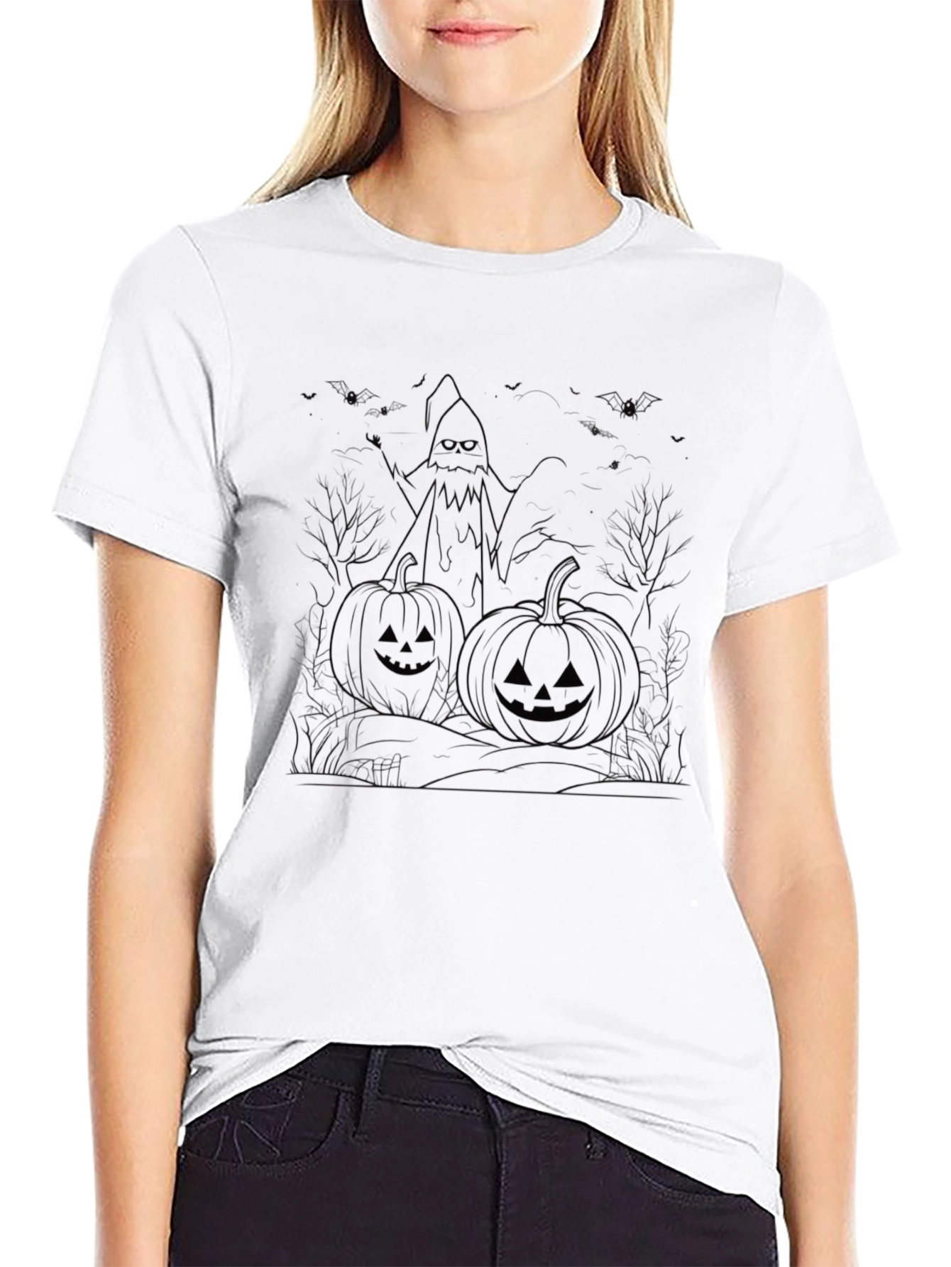 Halloween Pumpkin Ghost Graphic Black T-Shirt