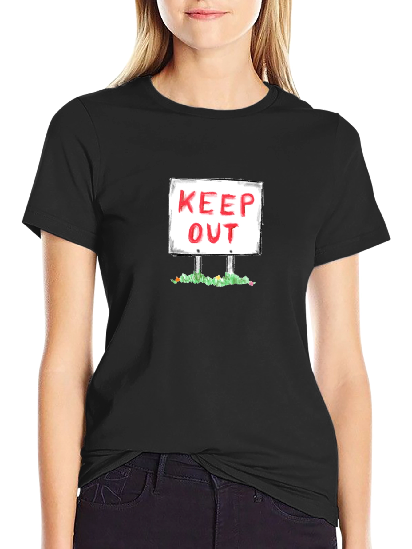 Keep Out Sign Graphic Tee - Black Cotton T-Shirt