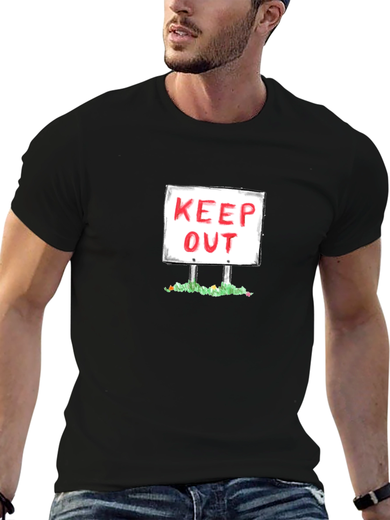 Keep Out Sign Graphic Tee - Black Cotton T-Shirt
