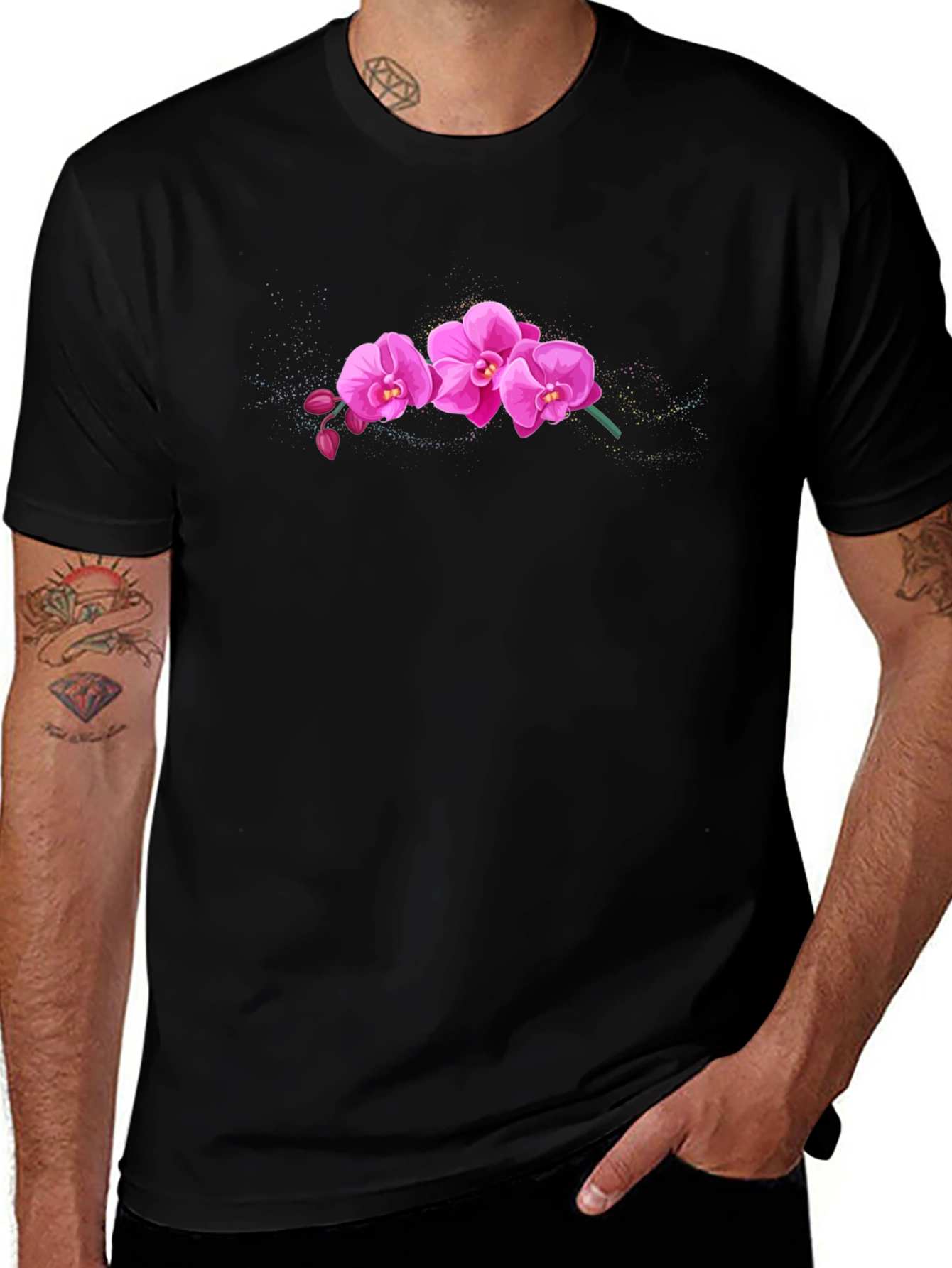 Pink Orchid Graphic Black T-Shirt