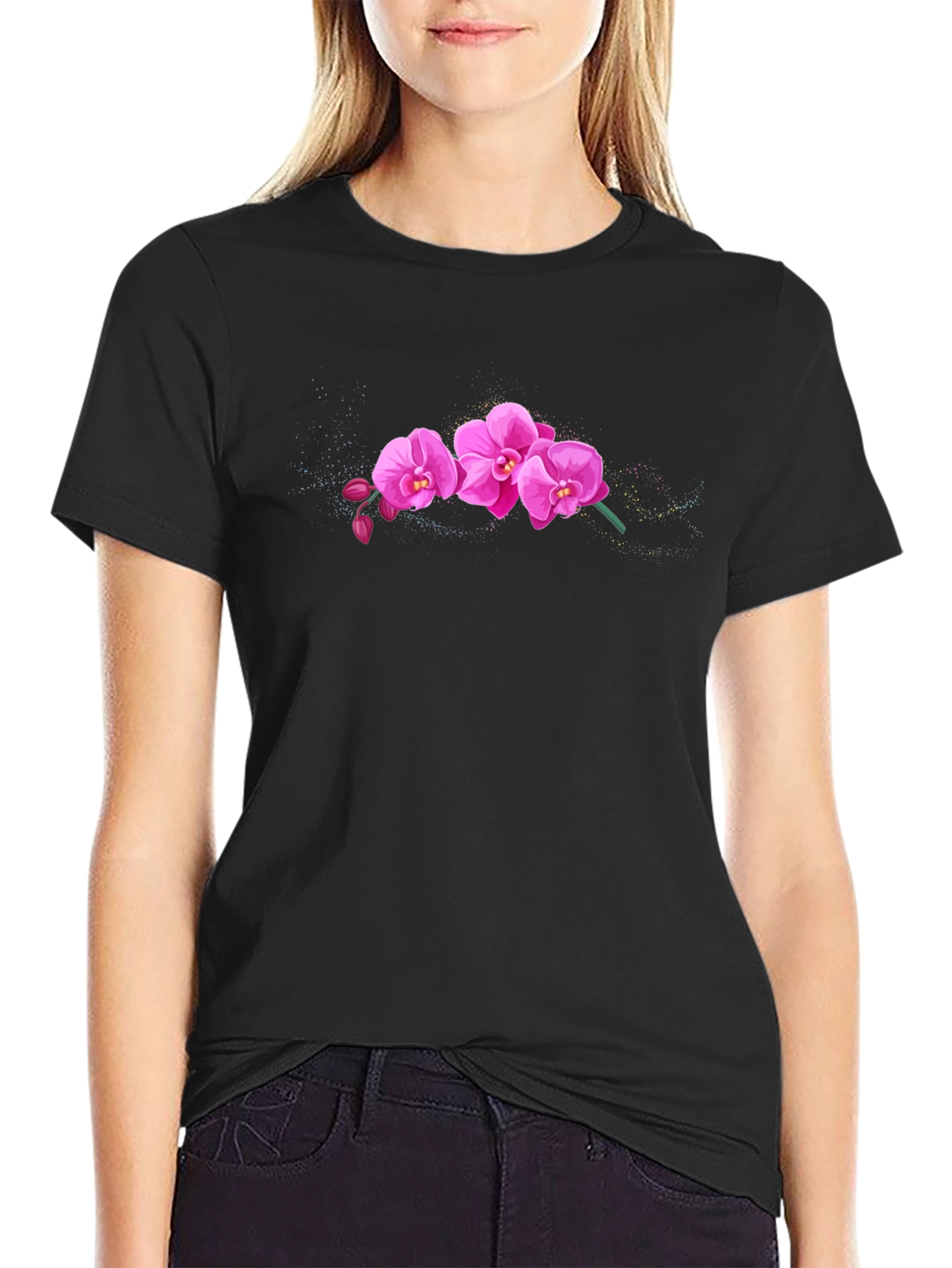 Pink Orchid Graphic Black T-Shirt