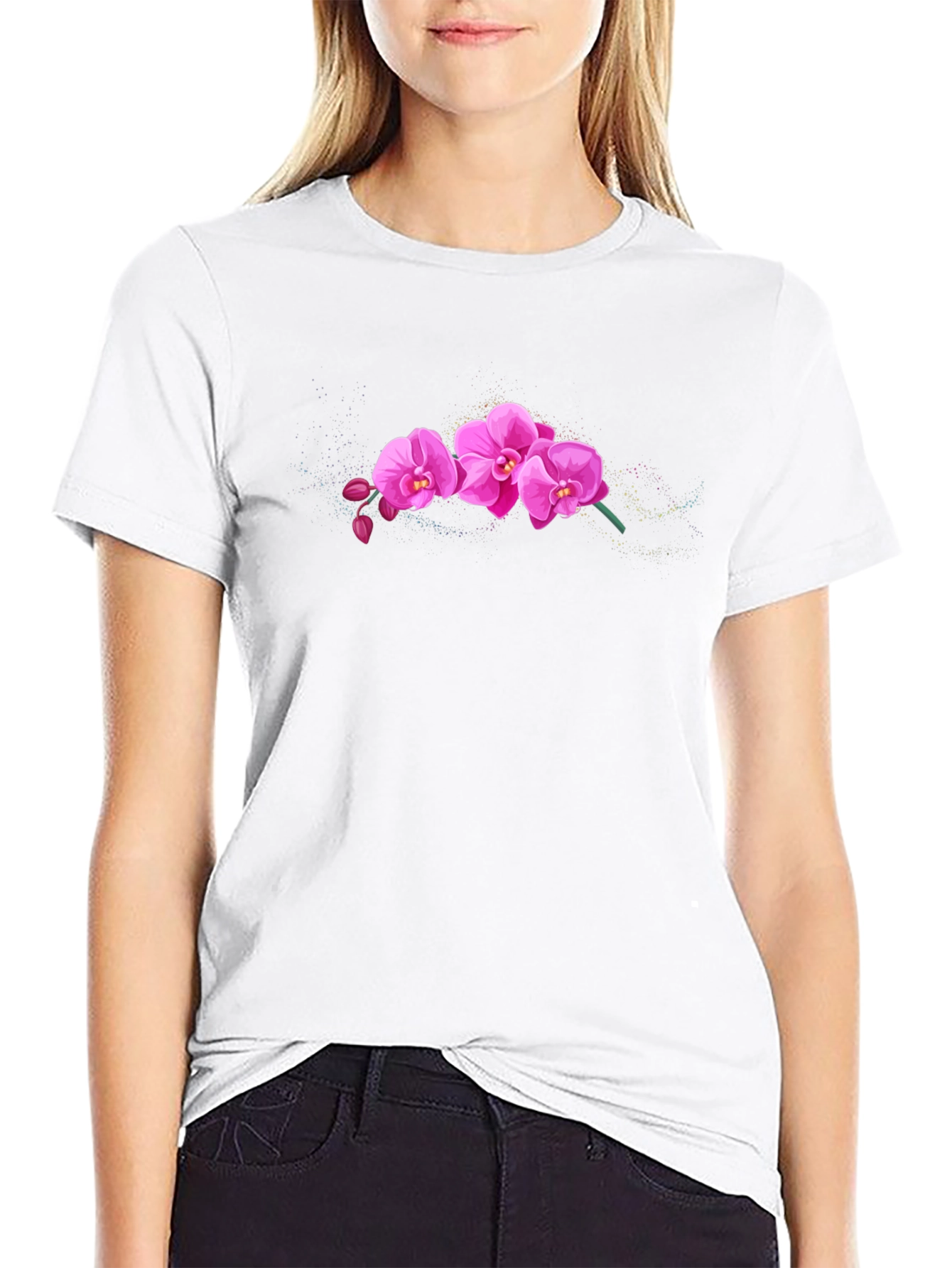 Pink Orchid Graphic Black T-Shirt