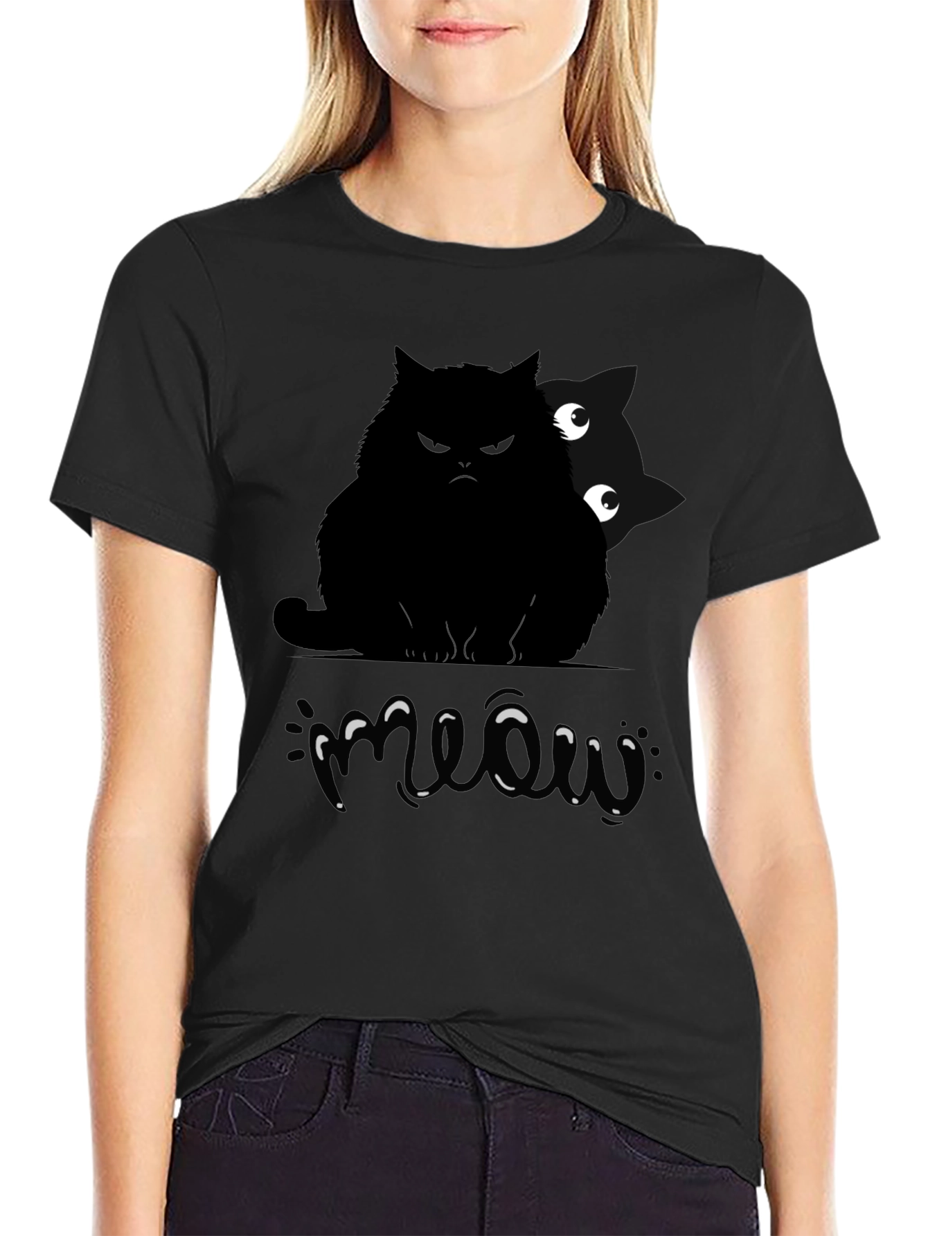 Mens Black Cat Meow Graphic T-Shirt
