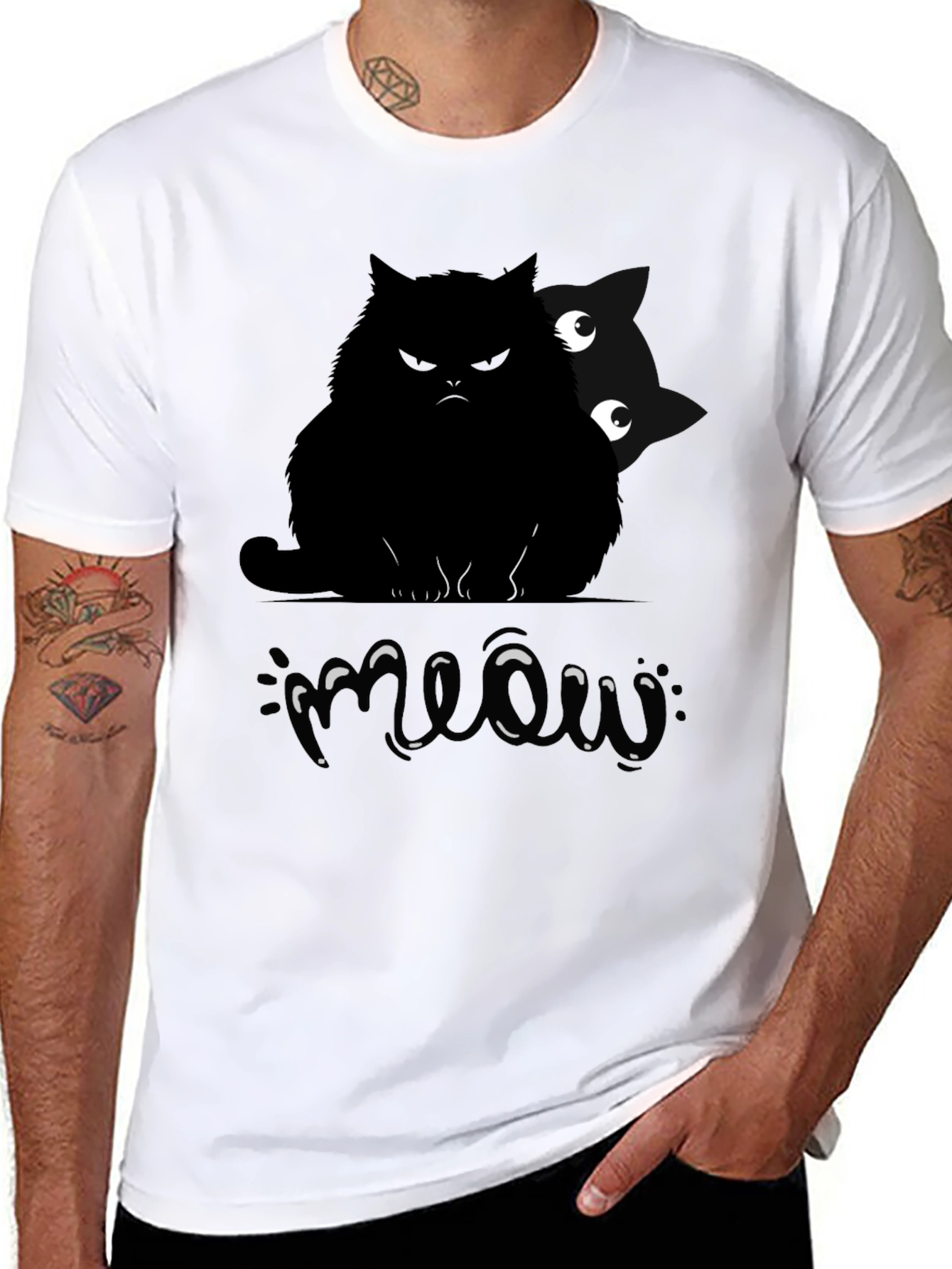 Mens Black Cat Meow Graphic T-Shirt