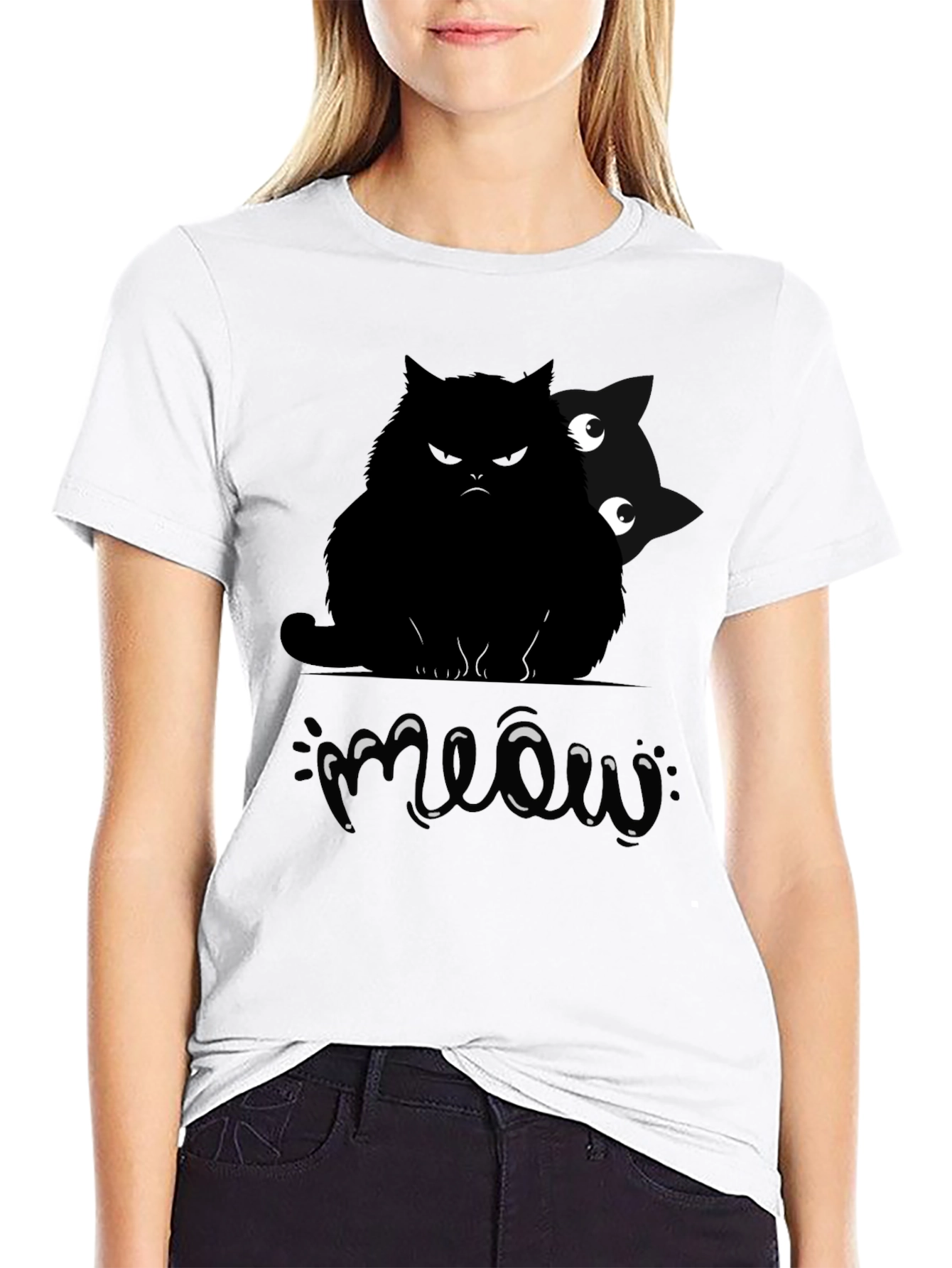 Mens Black Cat Meow Graphic T-Shirt