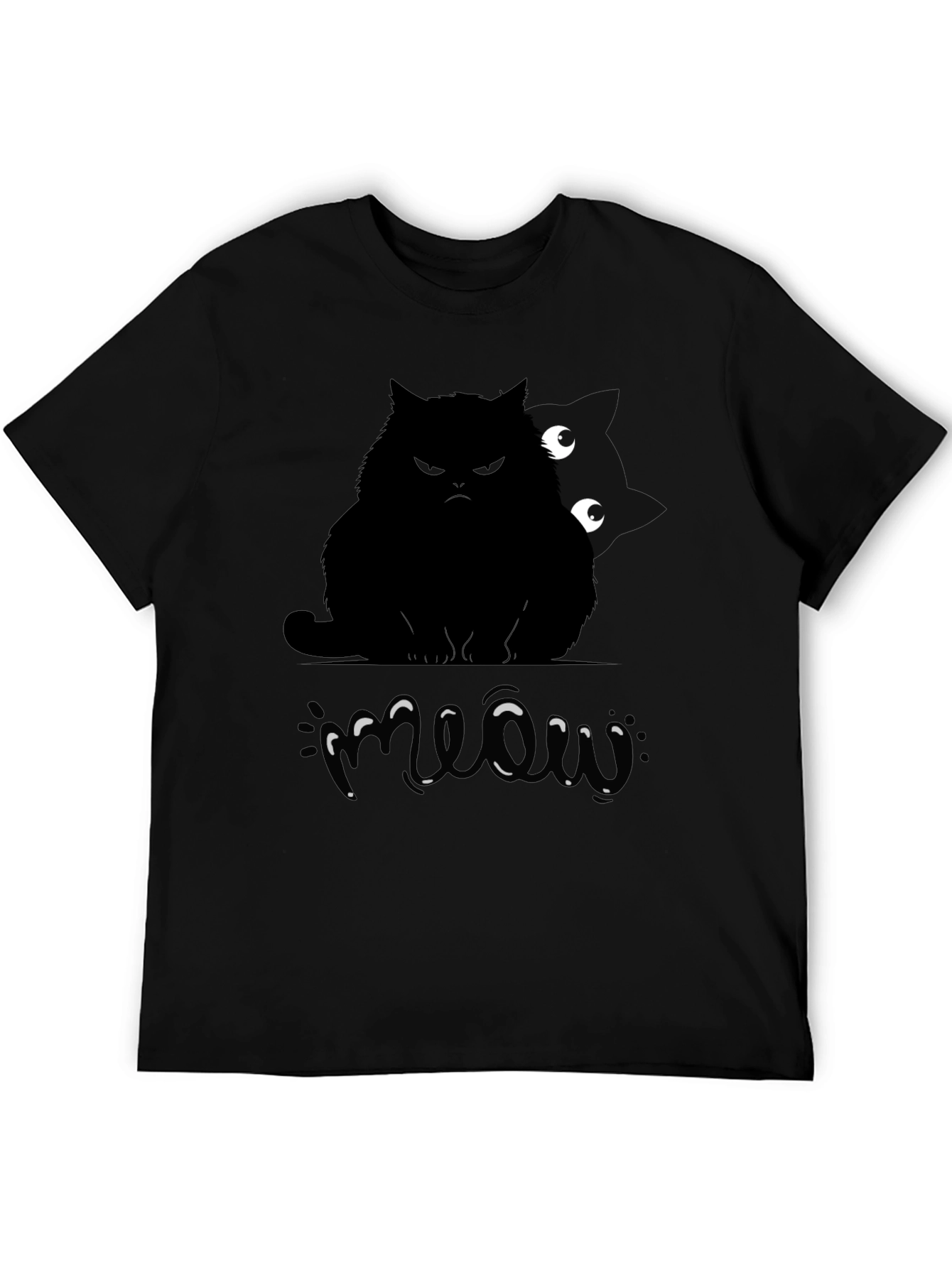 Mens Black Cat Meow Graphic T-Shirt