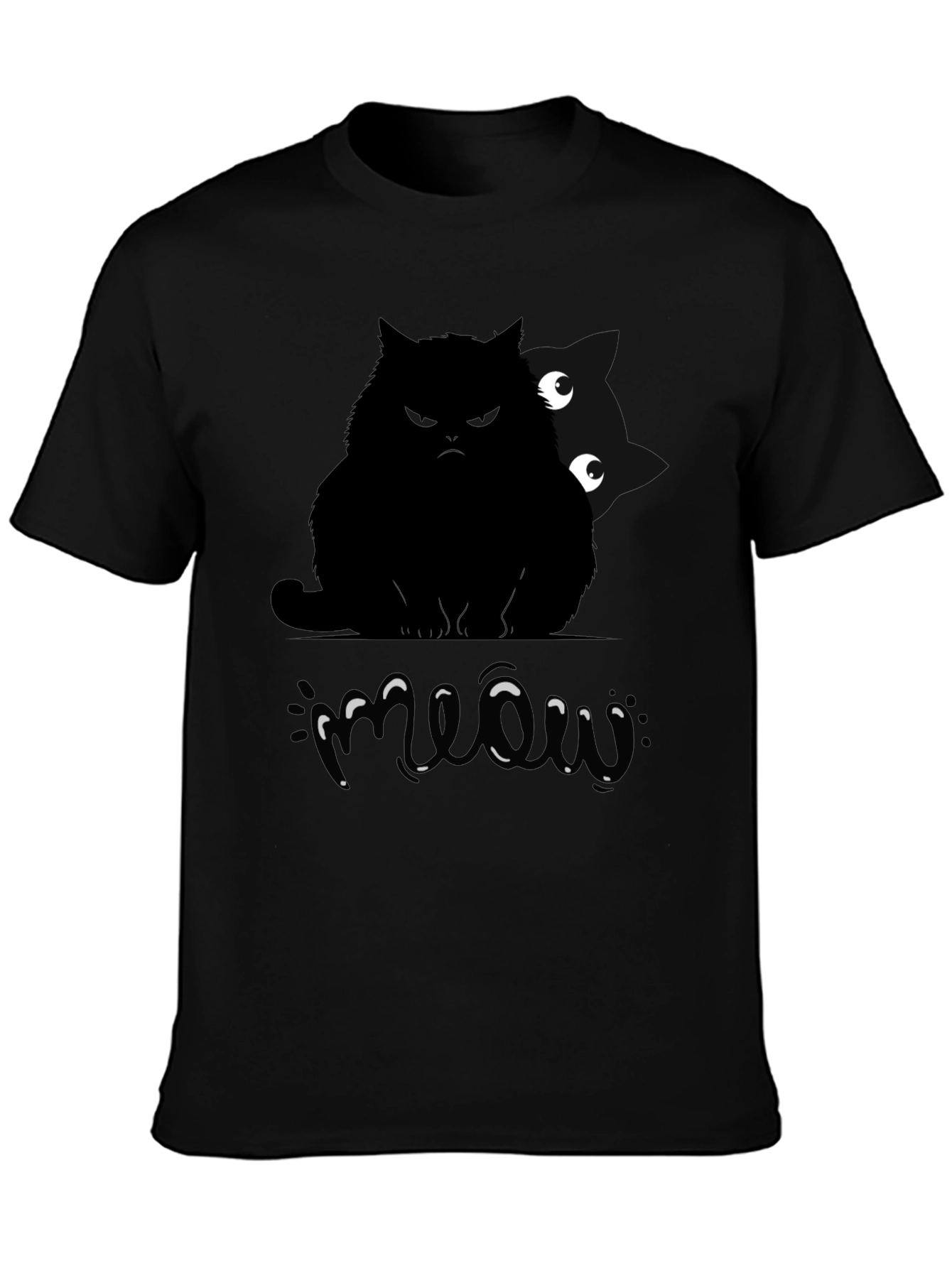 Mens Black Cat Meow Graphic T-Shirt