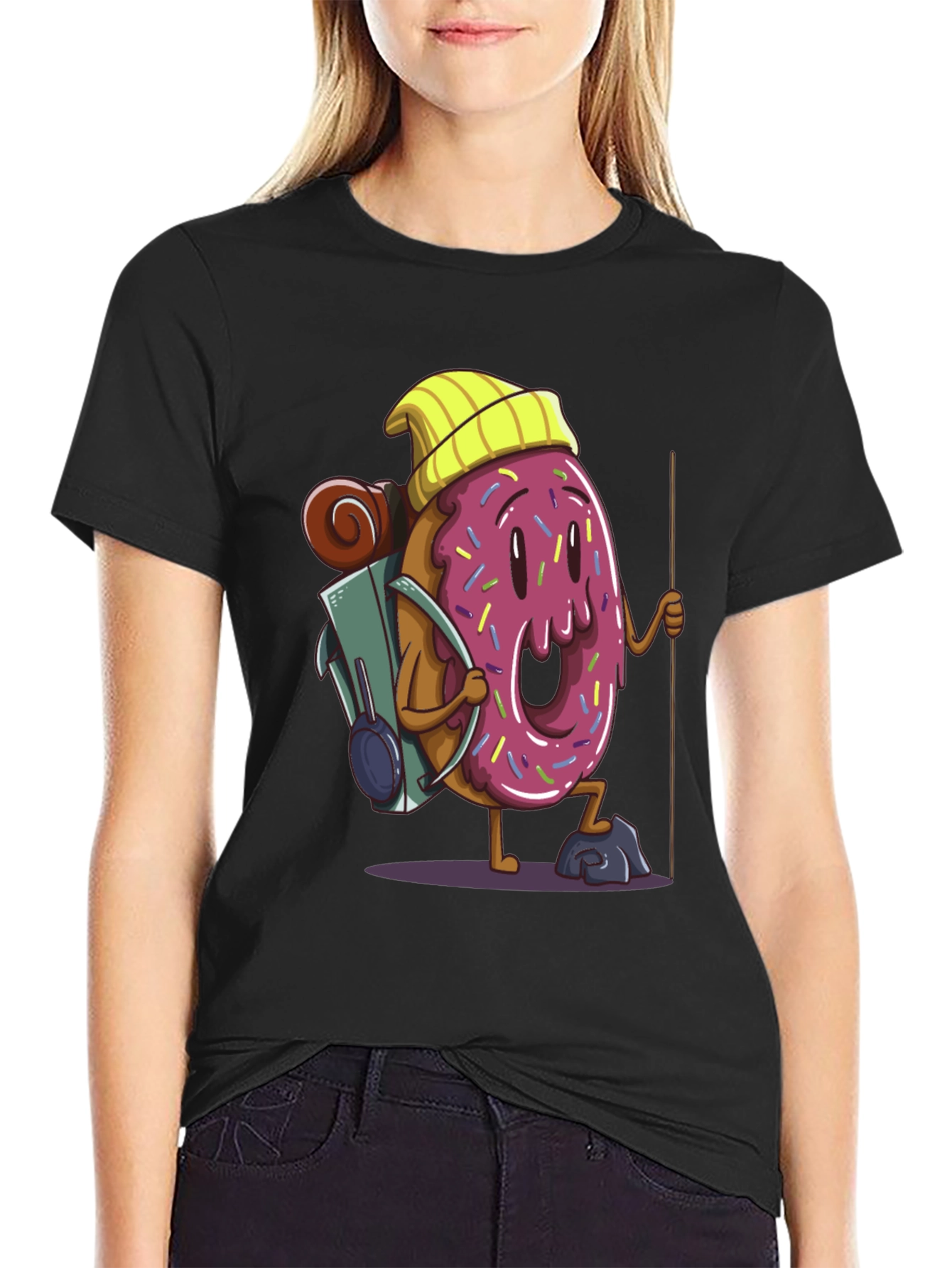 Donut Hiker Graphic Tee - Black Cotton T-Shirt