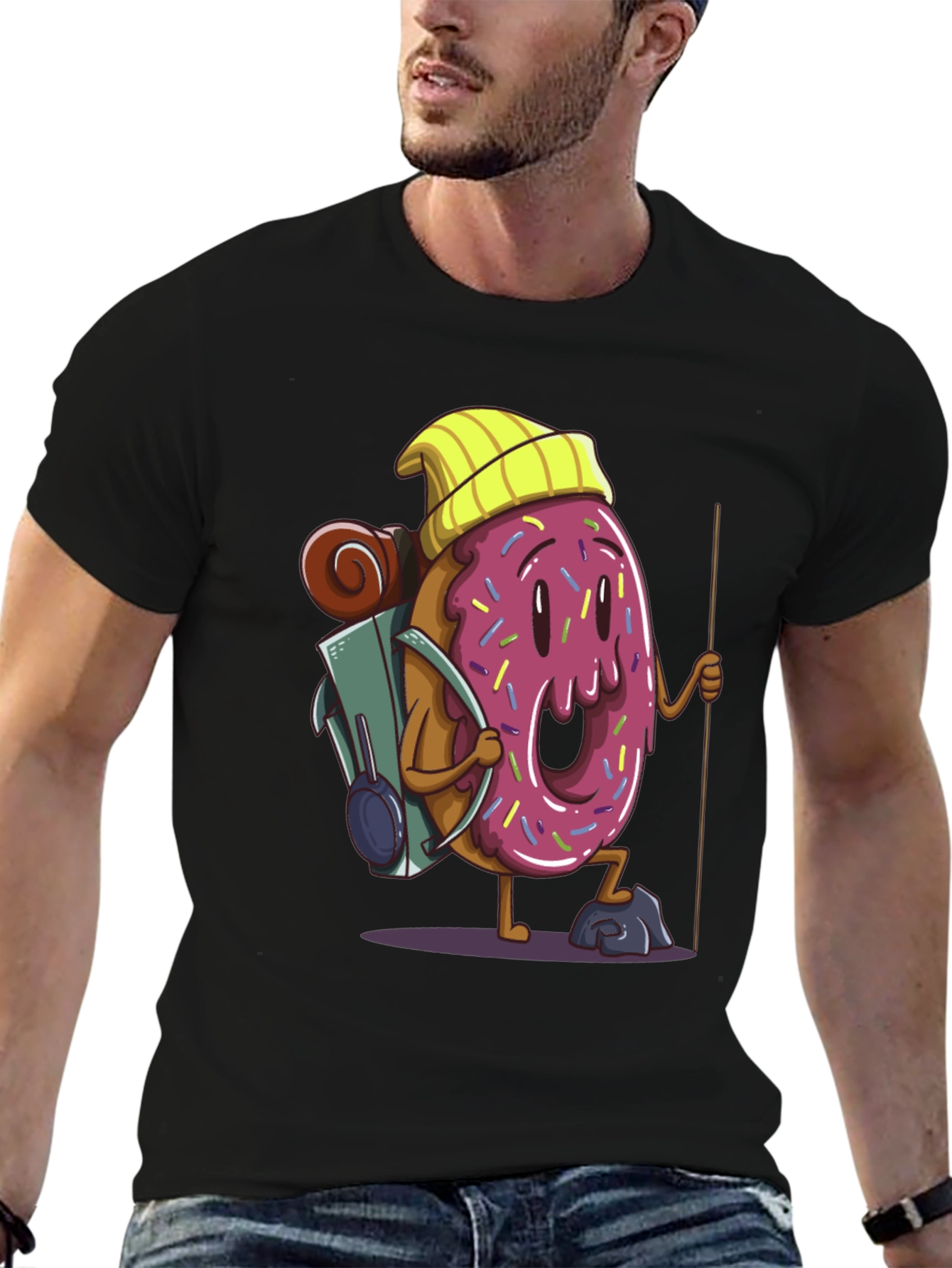Donut Hiker Graphic Tee - Black Cotton T-Shirt