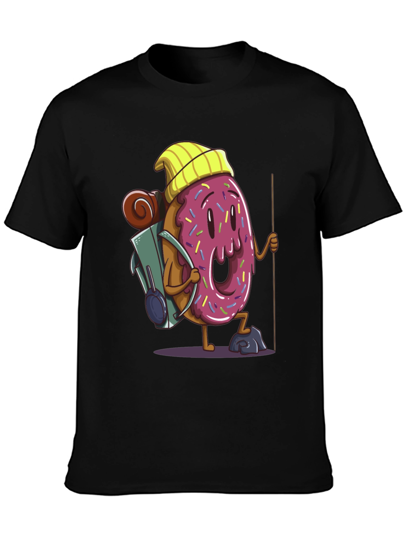 Donut Hiker Graphic Tee - Black Cotton T-Shirt