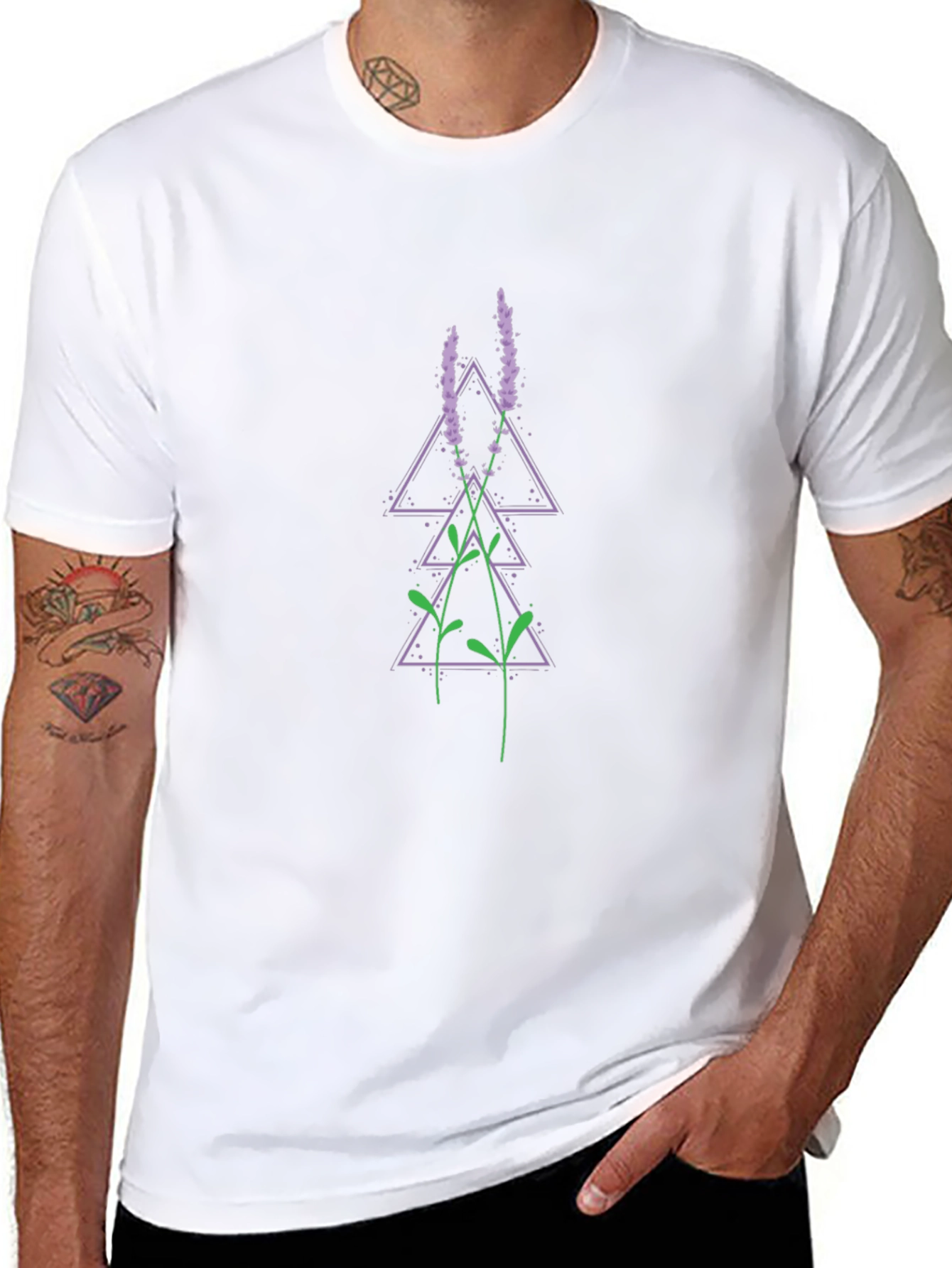 Geometric Lavender Print Black T-Shirt