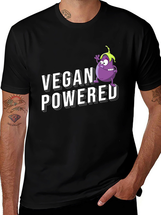 Vegan Powered Black T-Shirt with Eggplant Graphic