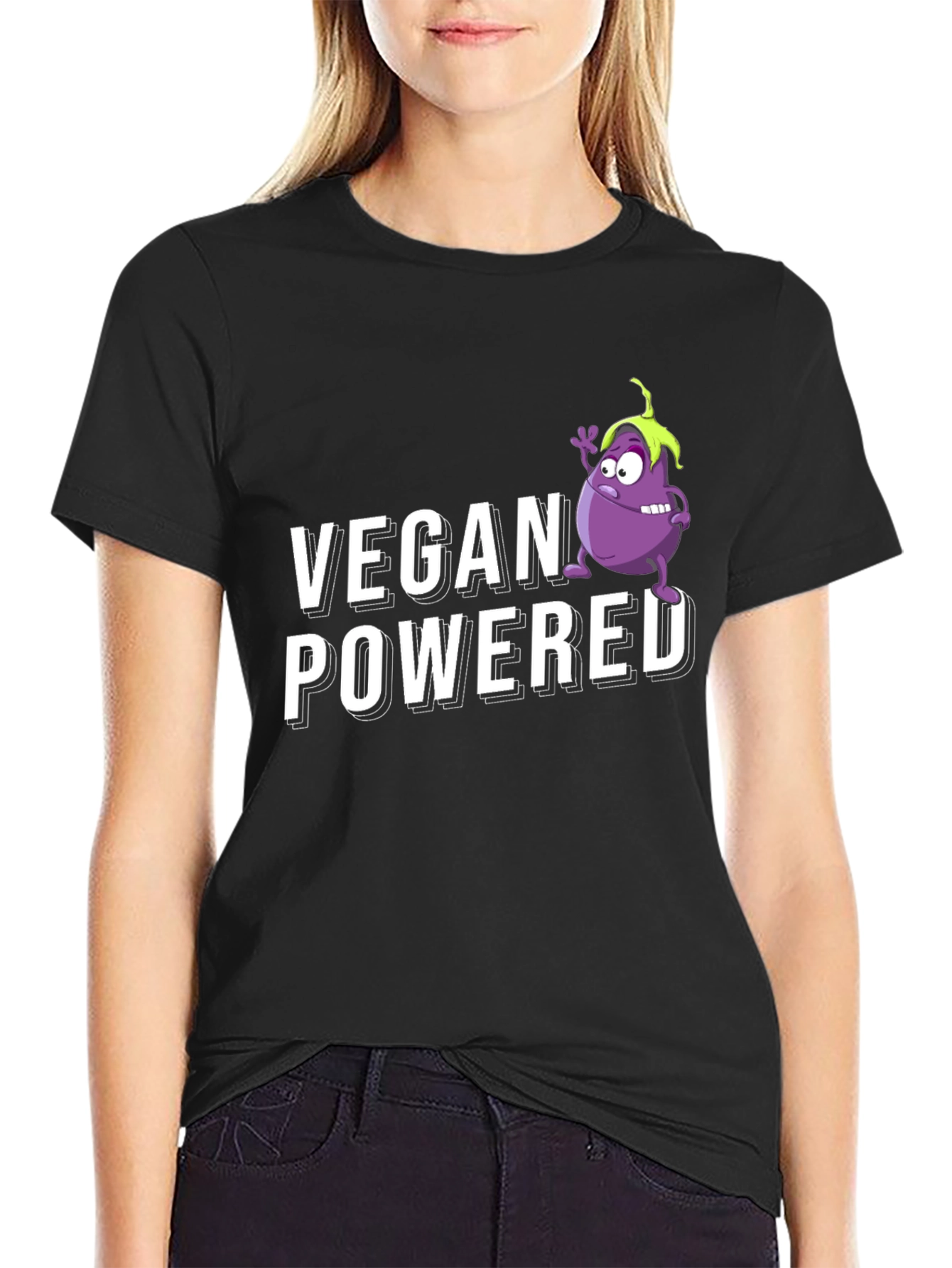 Vegan Powered Black T-Shirt with Eggplant Graphic