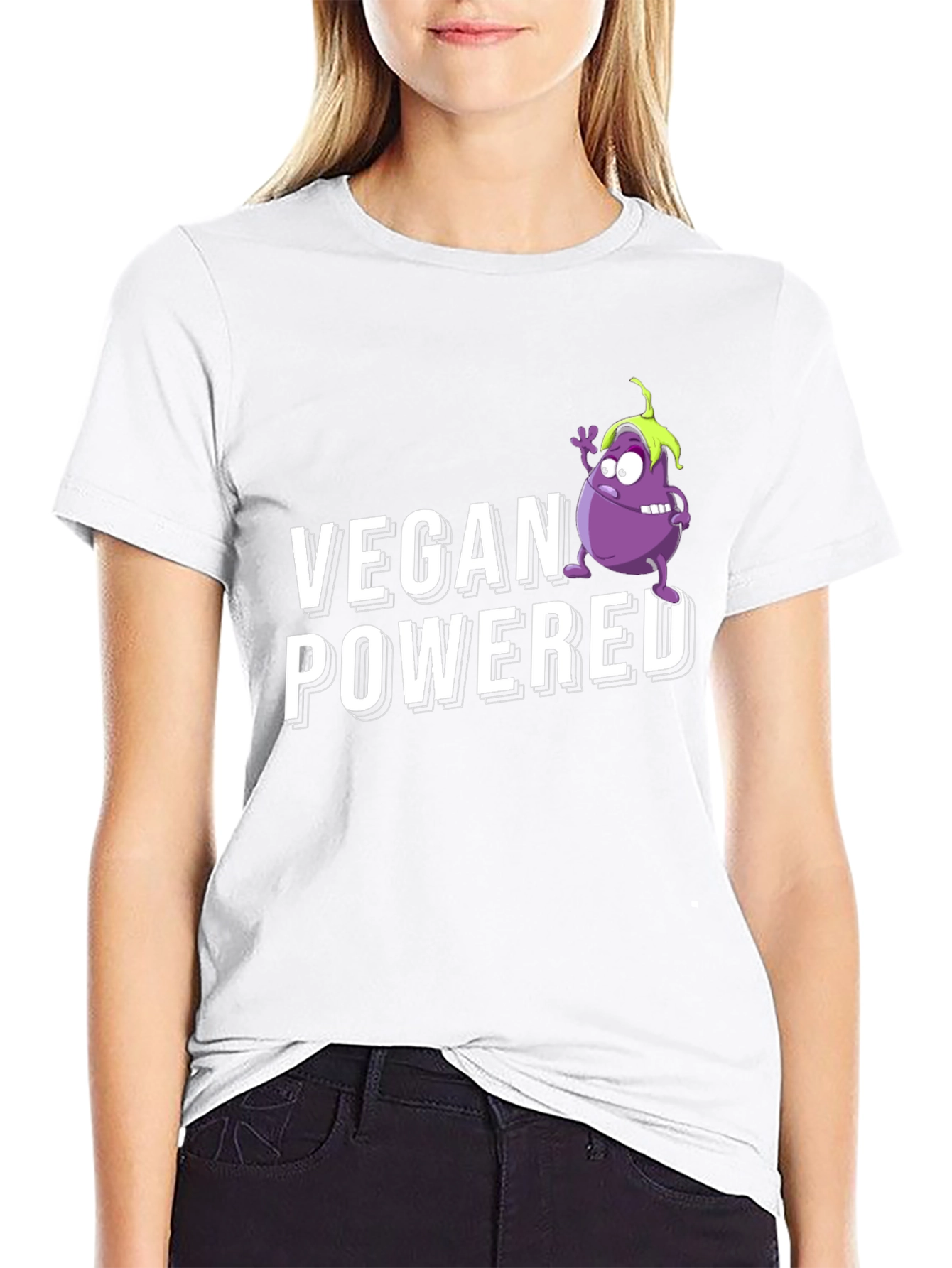 Vegan Powered Black T-Shirt with Eggplant Graphic