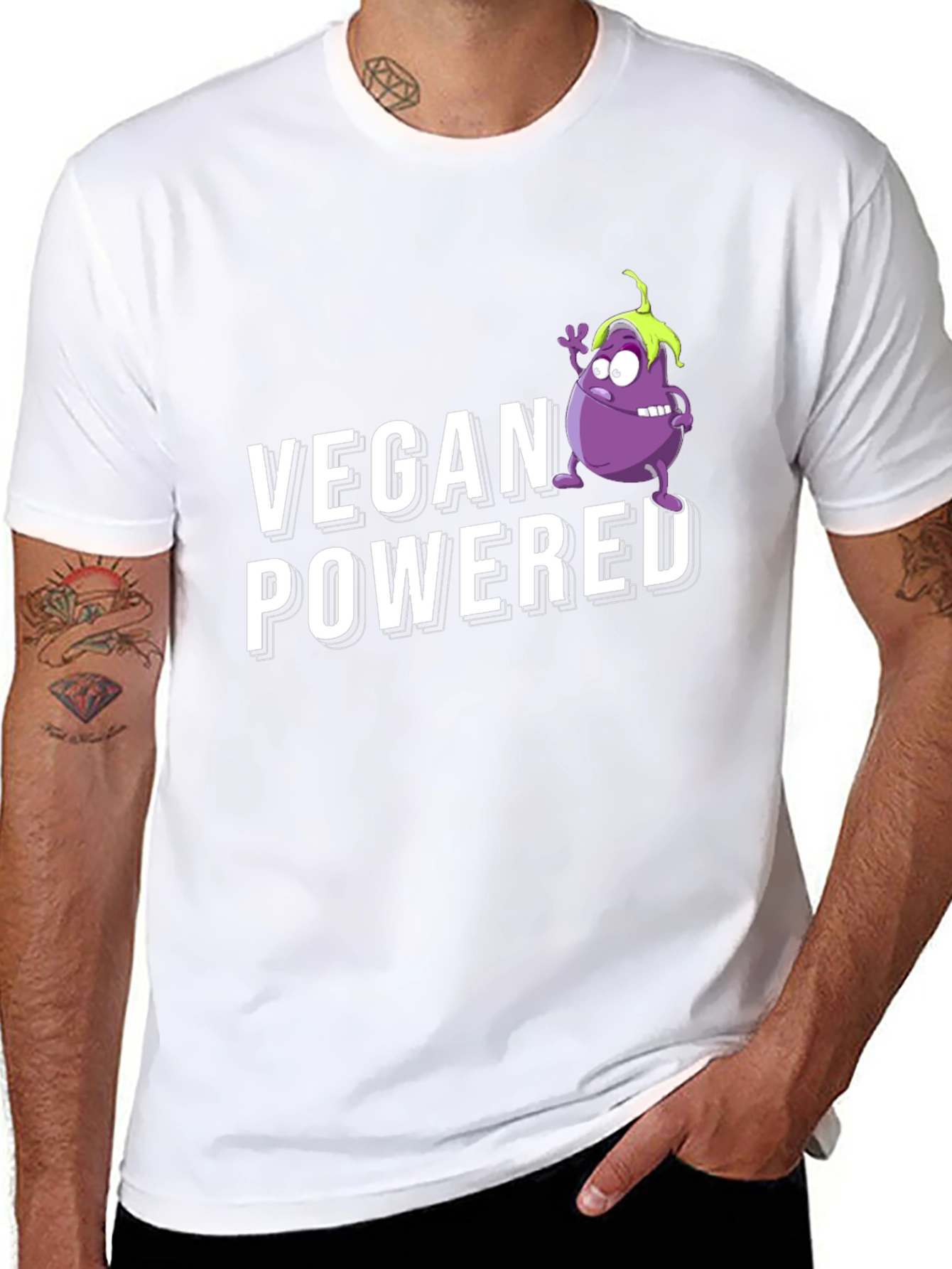 Vegan Powered Black T-Shirt with Eggplant Graphic
