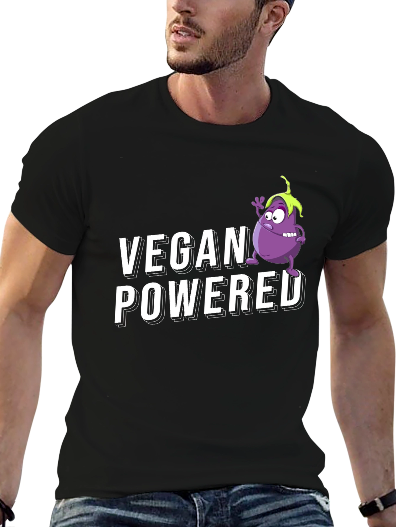 Vegan Powered Black T-Shirt with Eggplant Graphic