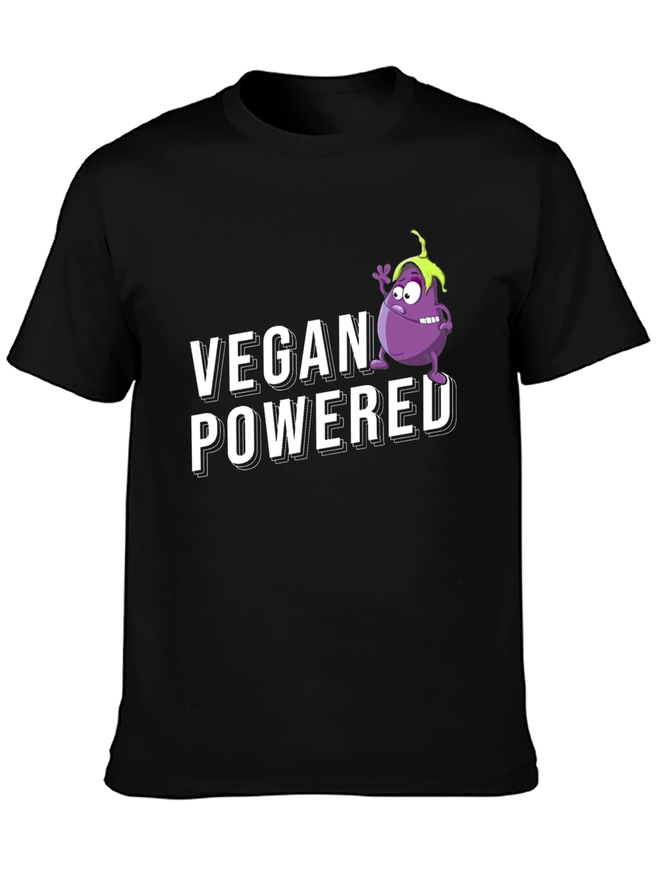 Vegan Powered Black T-Shirt with Eggplant Graphic