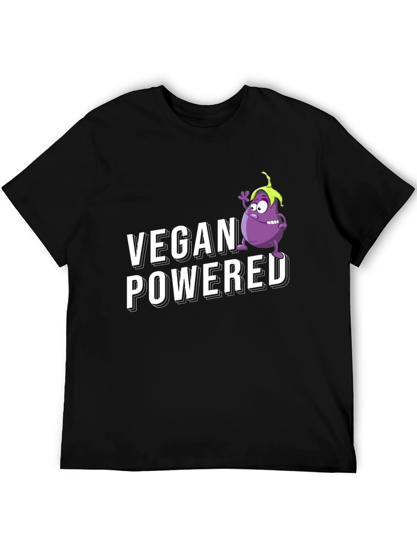 Vegan Powered Black T-Shirt with Eggplant Graphic