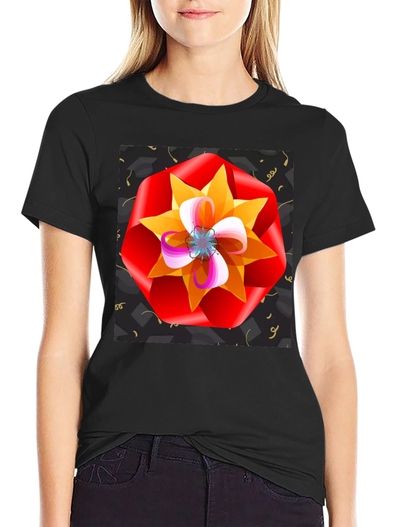 Floral Graphic Print Black T-Shirt
