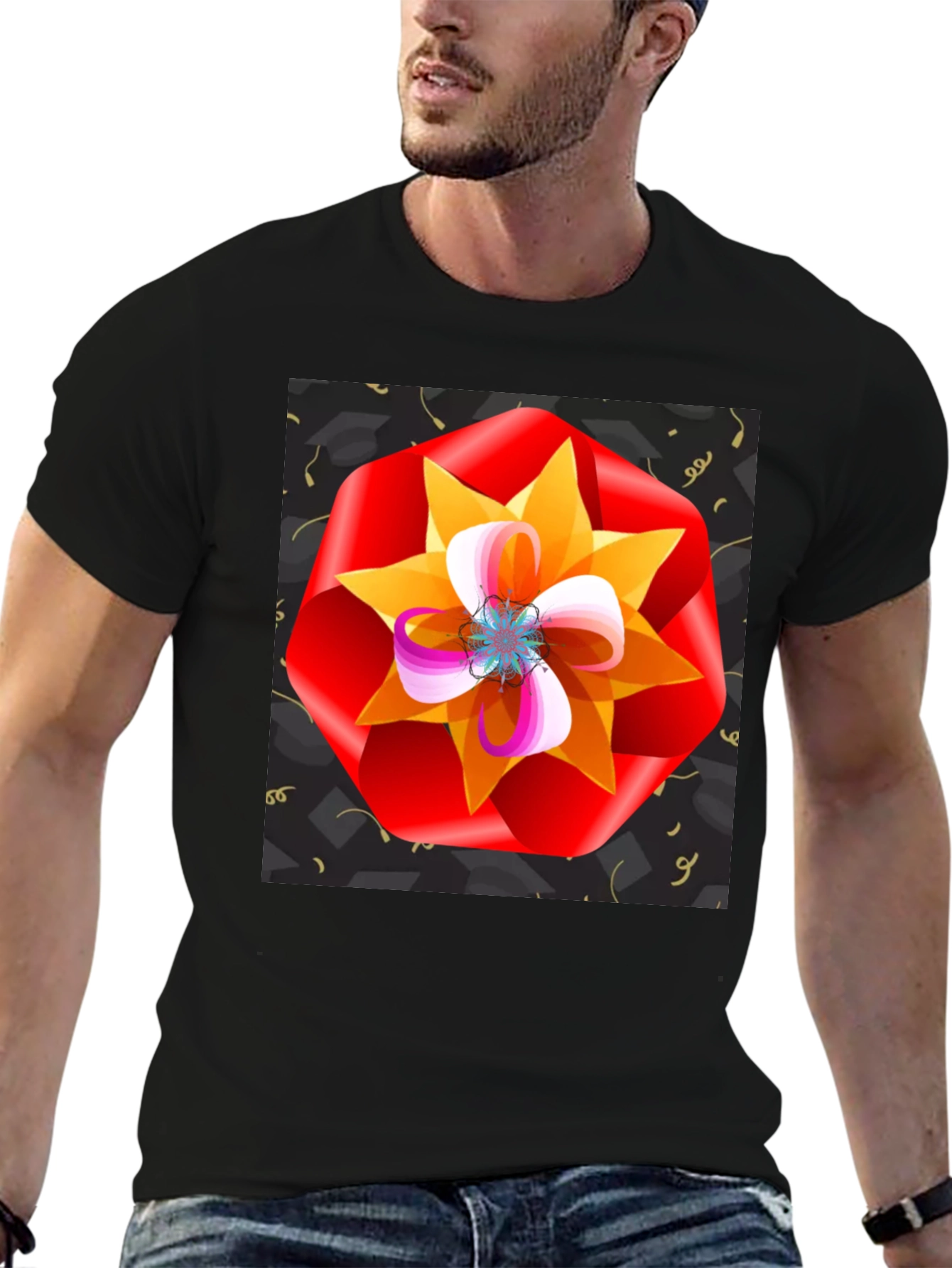 Floral Graphic Print Black T-Shirt
