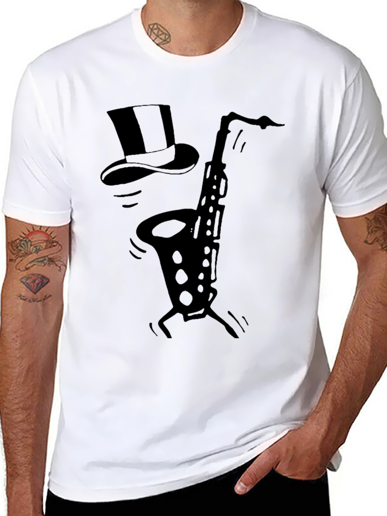 Saxophone Top Hat Black Graphic T-Shirt