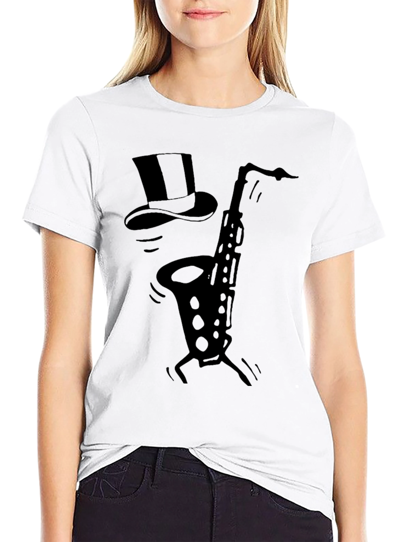 Saxophone Top Hat Black Graphic T-Shirt