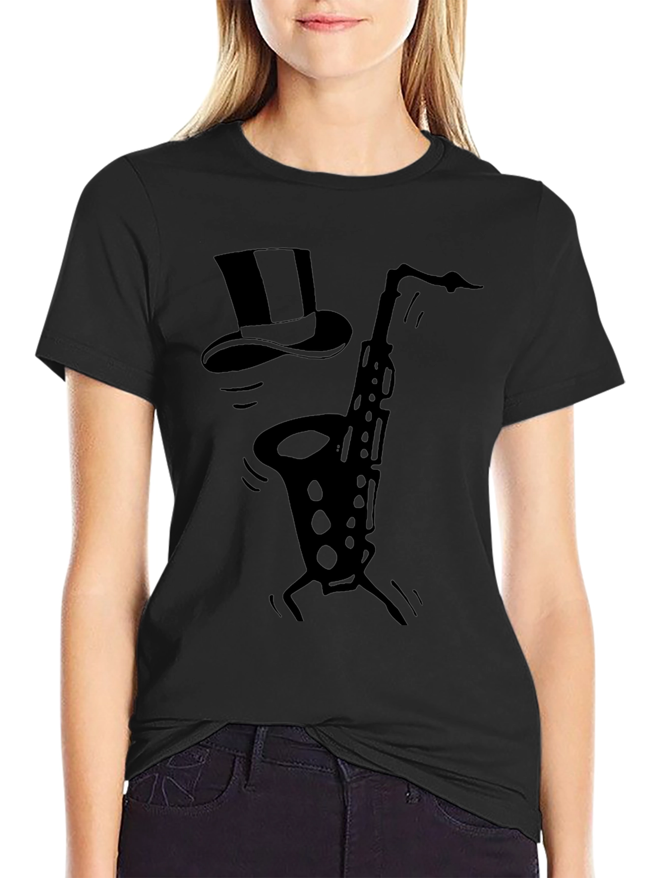 Saxophone Top Hat Black Graphic T-Shirt
