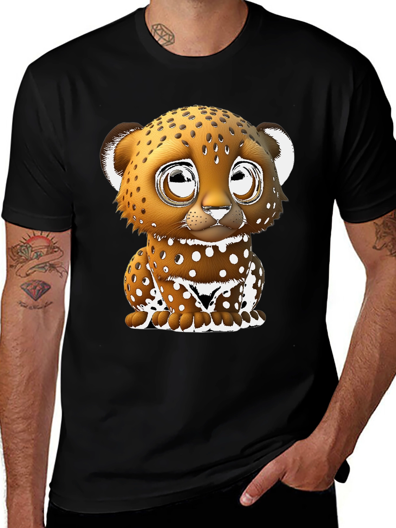 Cute Cartoon Leopard Graphic Tee - Black Cotton Blend