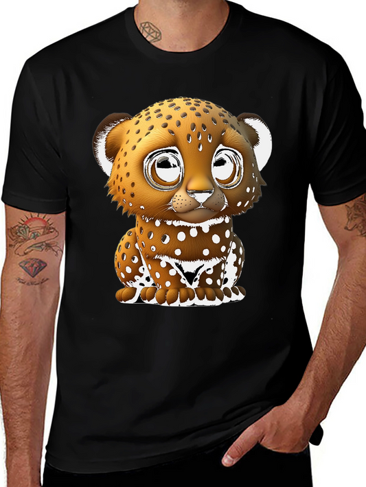 Cute Cartoon Leopard Graphic Tee - Black Cotton Blend