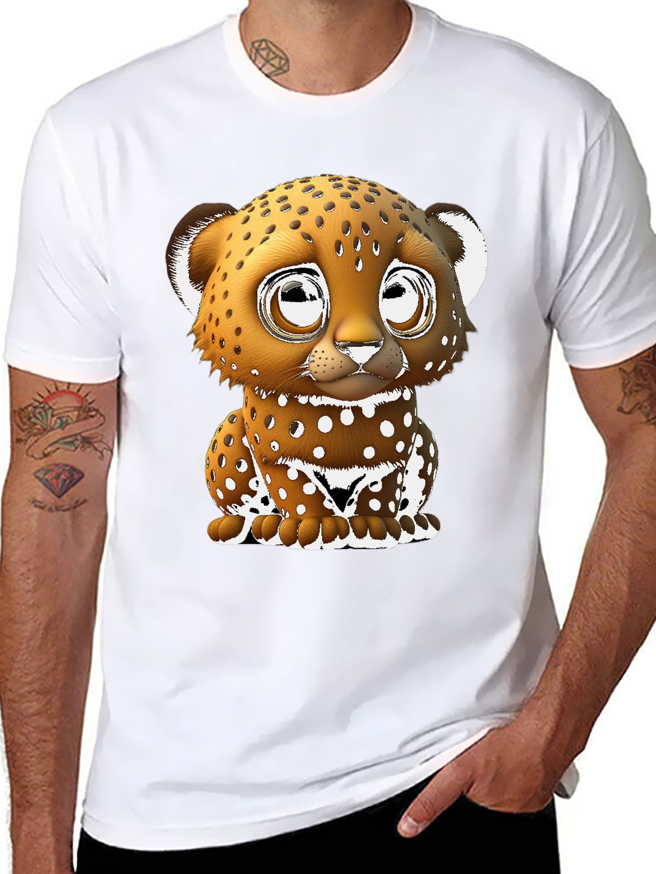 Cute Cartoon Leopard Graphic Tee - Black Cotton Blend