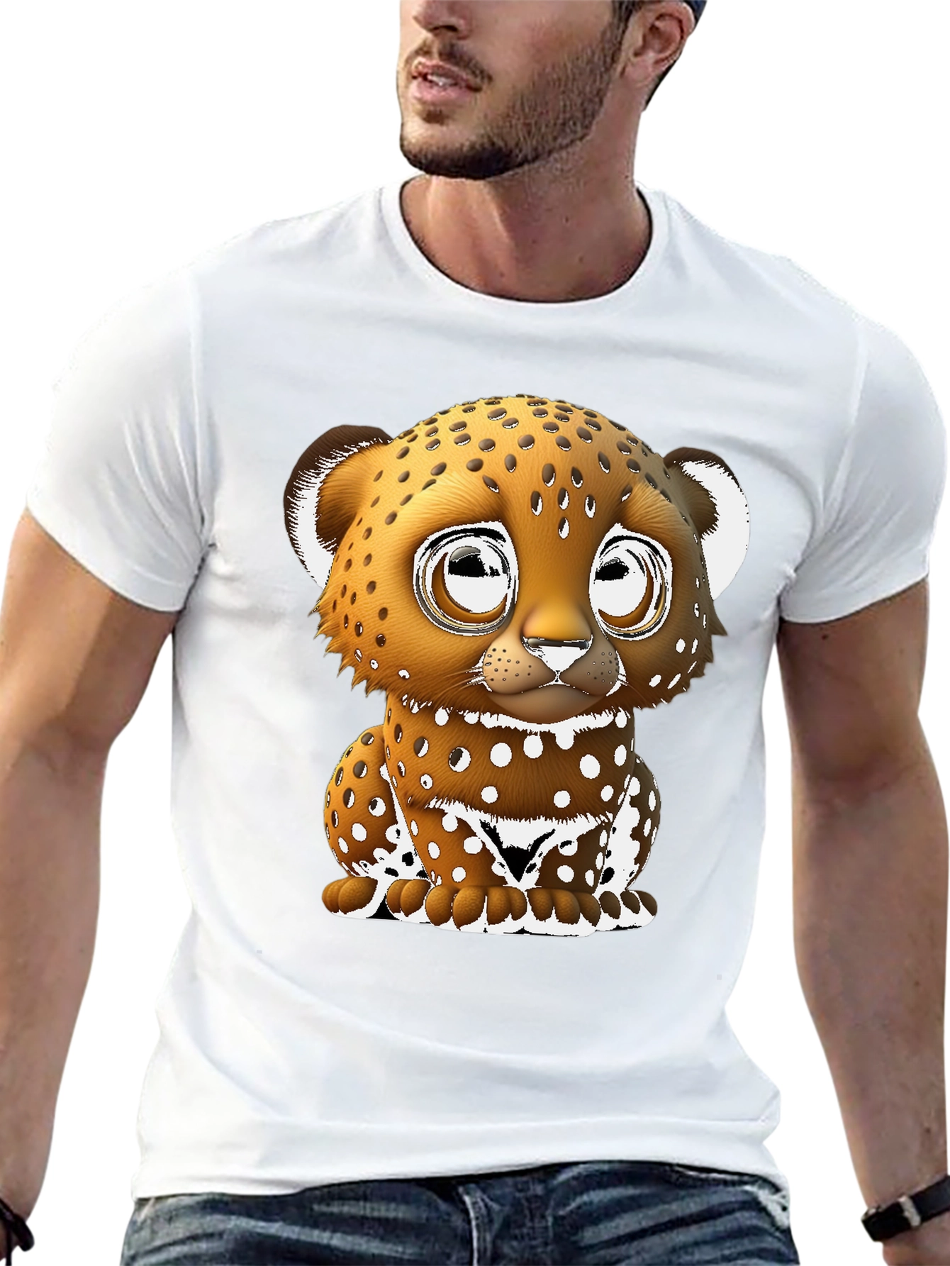 Cute Cartoon Leopard Graphic Tee - Black Cotton Blend