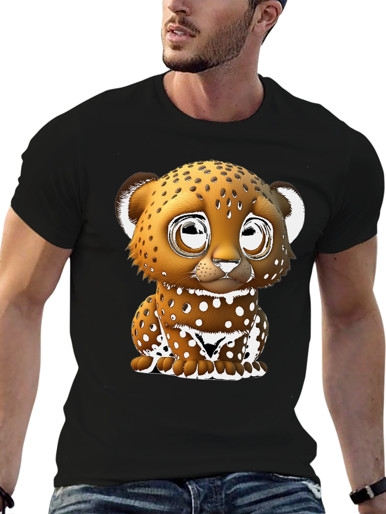 Cute Cartoon Leopard Graphic Tee - Black Cotton Blend
