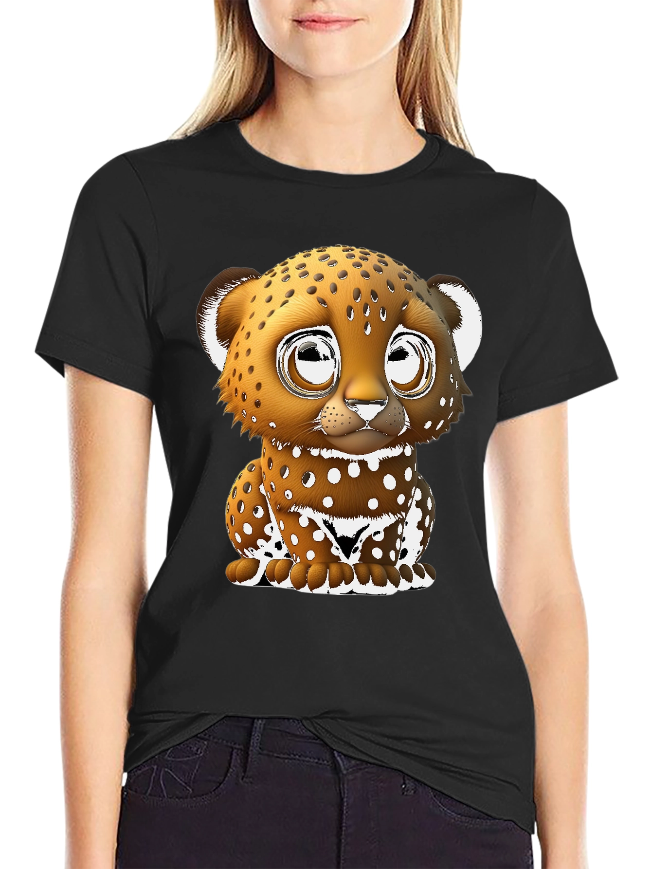 Cute Cartoon Leopard Graphic Tee - Black Cotton Blend
