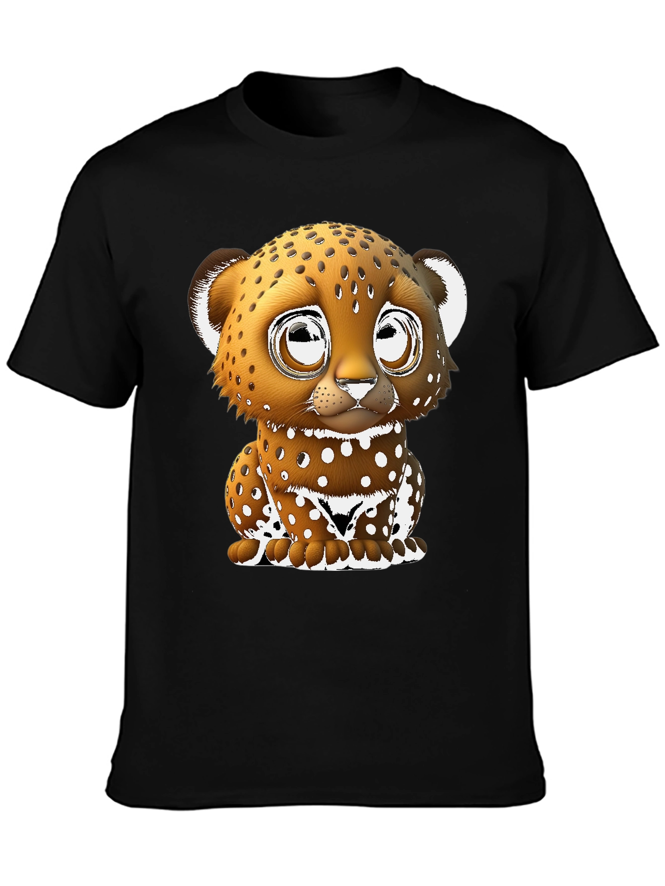 Cute Cartoon Leopard Graphic Tee - Black Cotton Blend