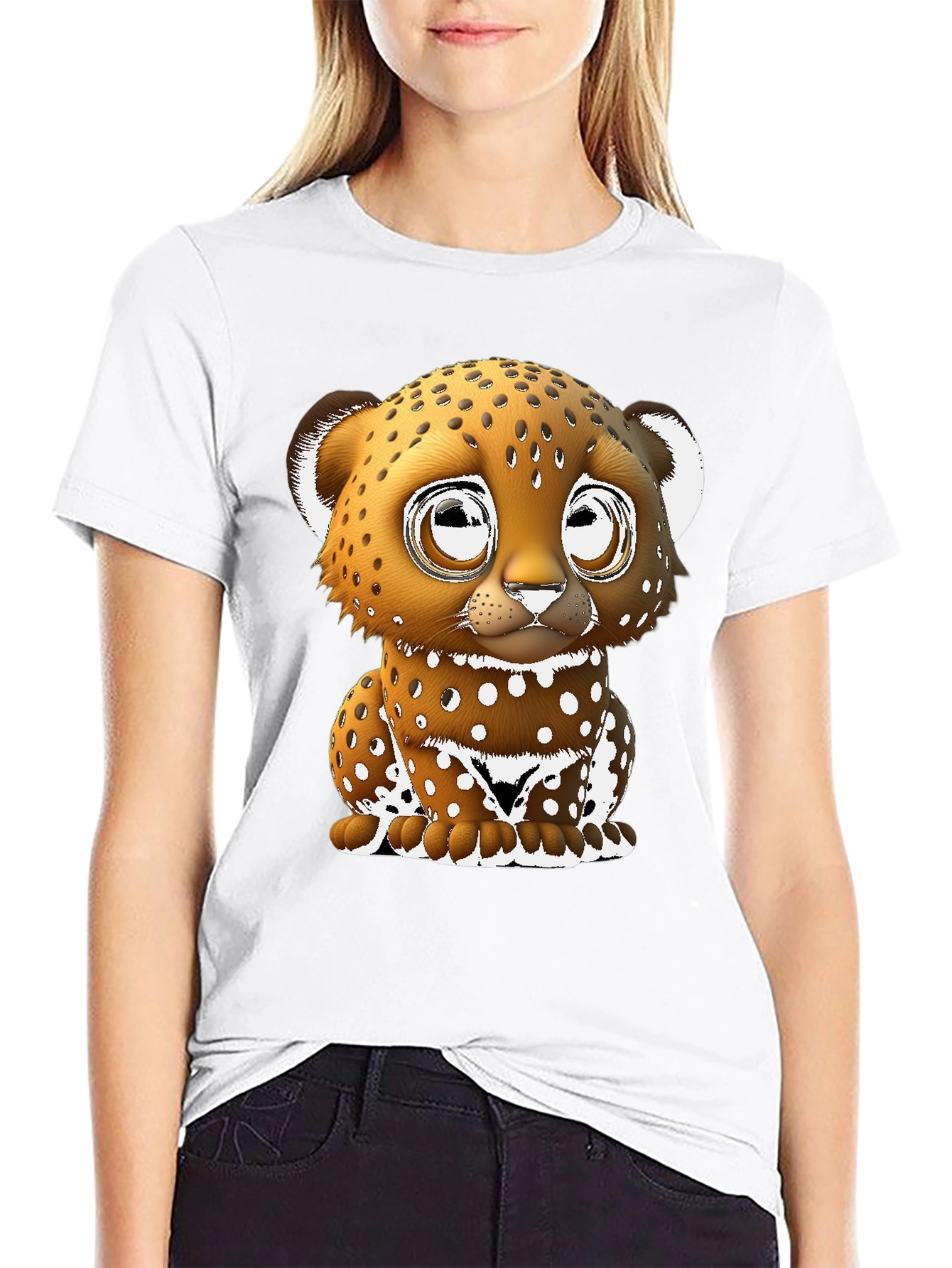 Cute Cartoon Leopard Graphic Tee - Black Cotton Blend