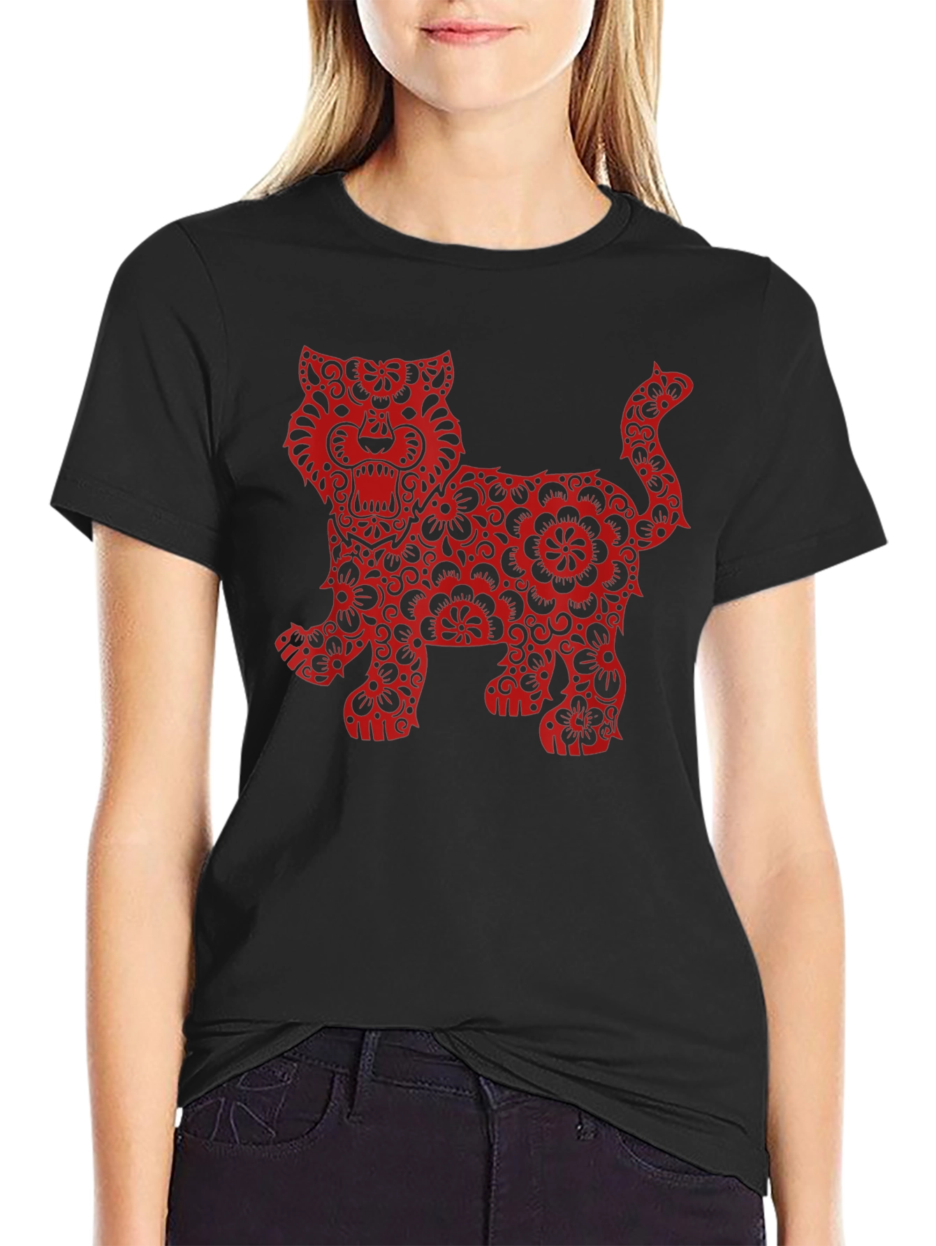 Floral Tiger Graphic Print Black T-Shirt