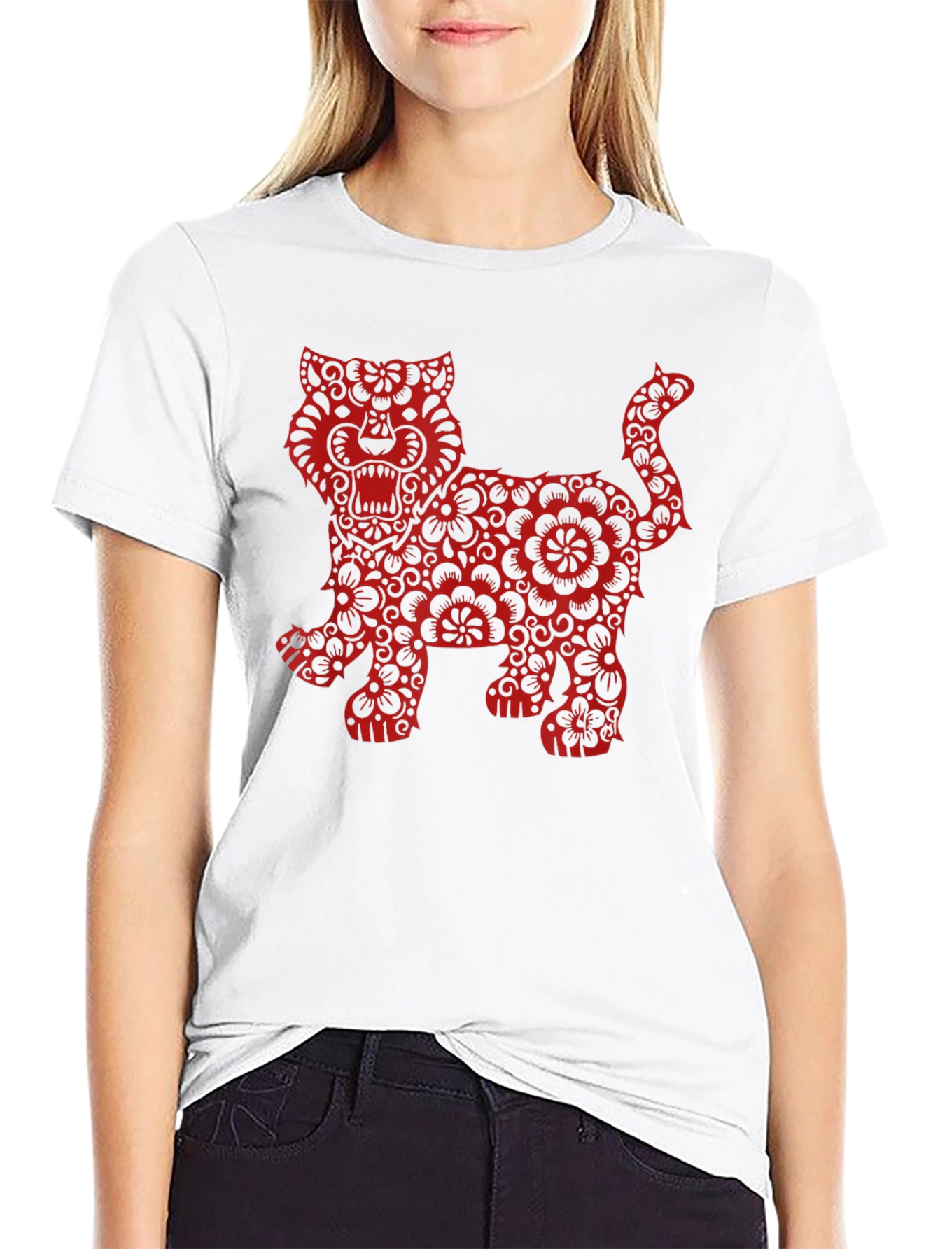 Floral Tiger Graphic Print Black T-Shirt