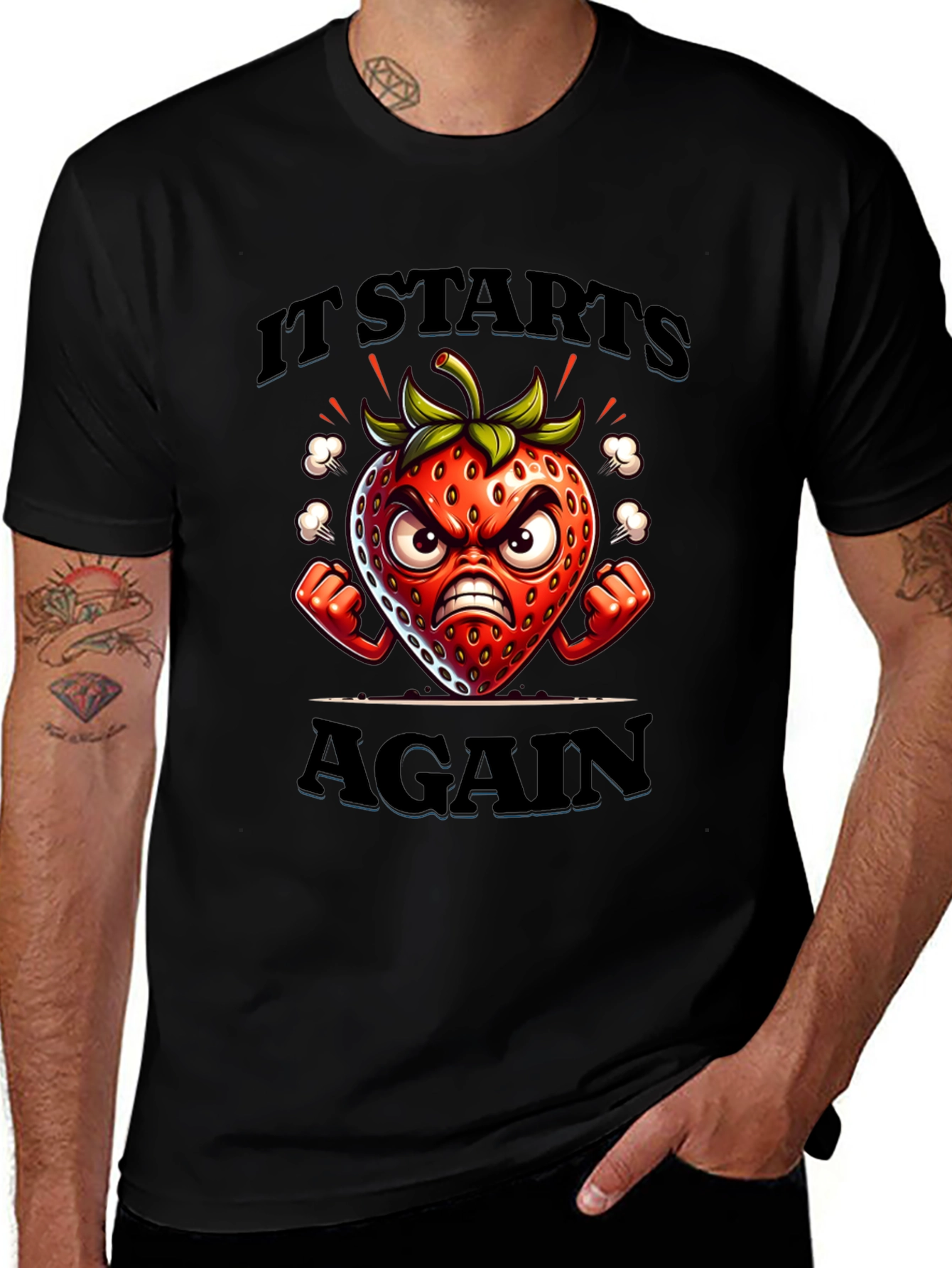 Angry Strawberry Cartoon Graphic T-Shirt