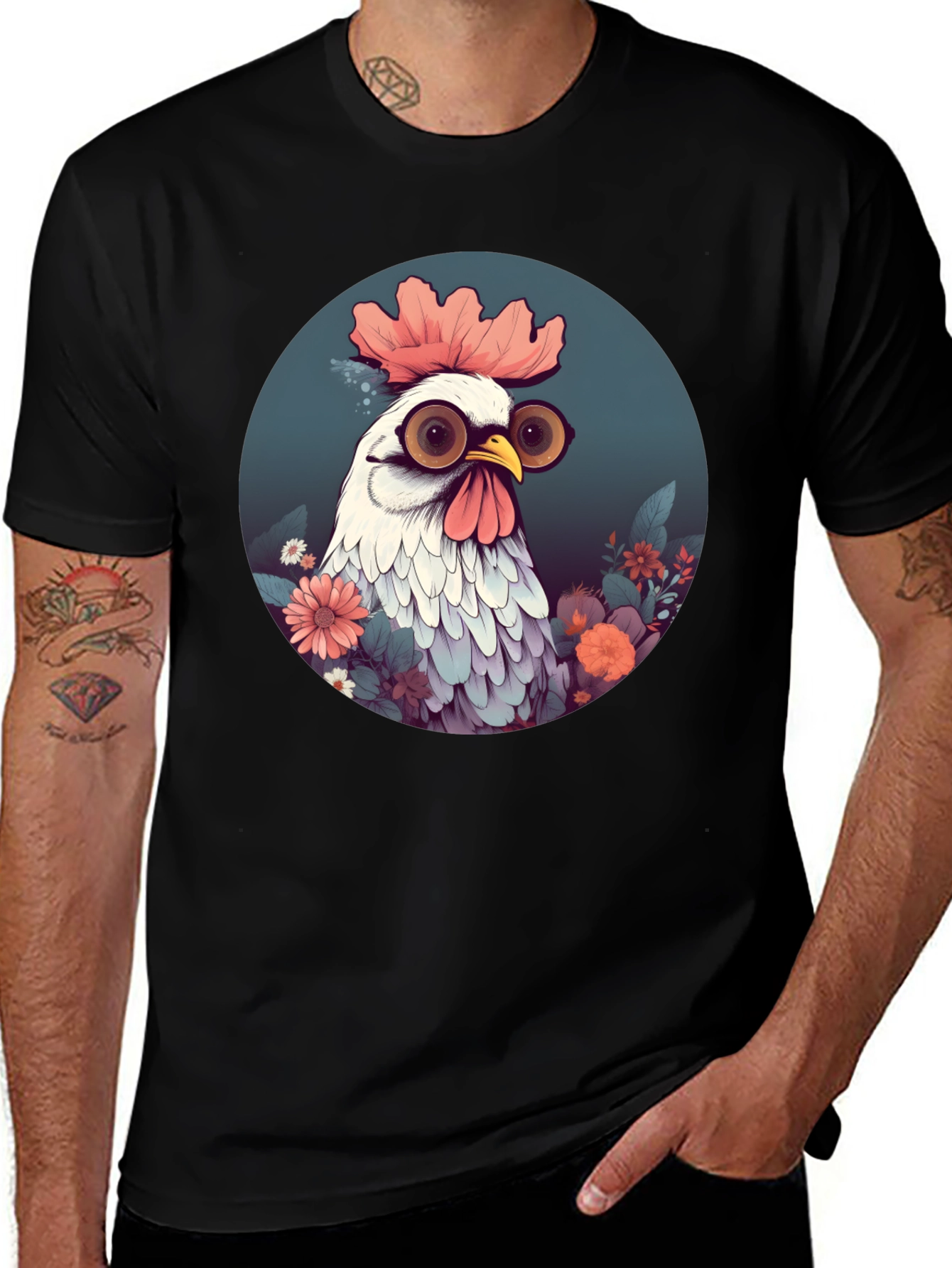 Quirky Chicken Graphic Tee - Round Neck Black