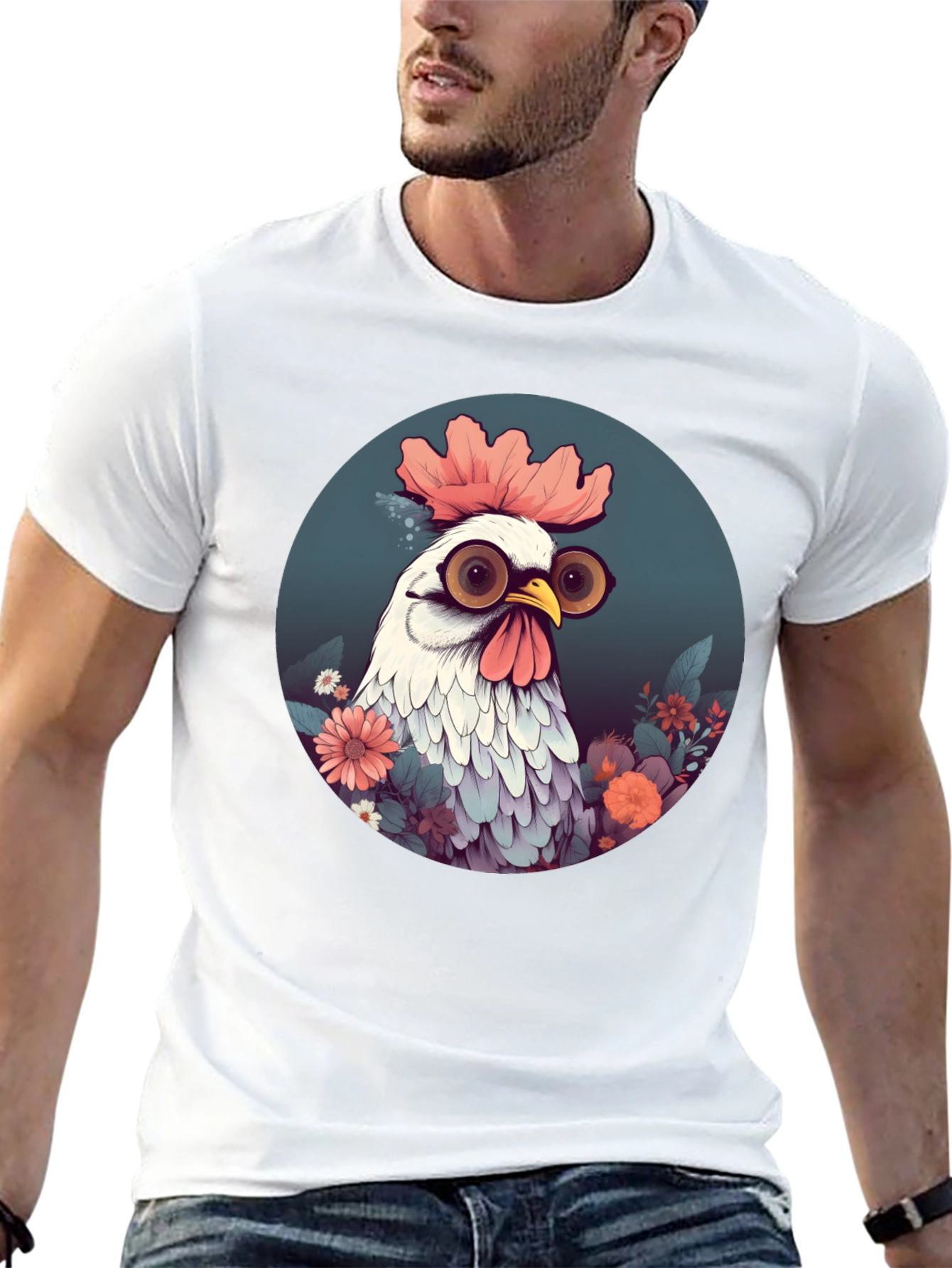 Quirky Chicken Graphic Tee - Round Neck Black