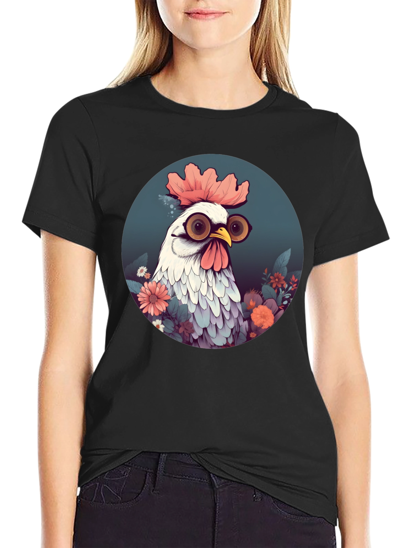 Quirky Chicken Graphic Tee - Round Neck Black
