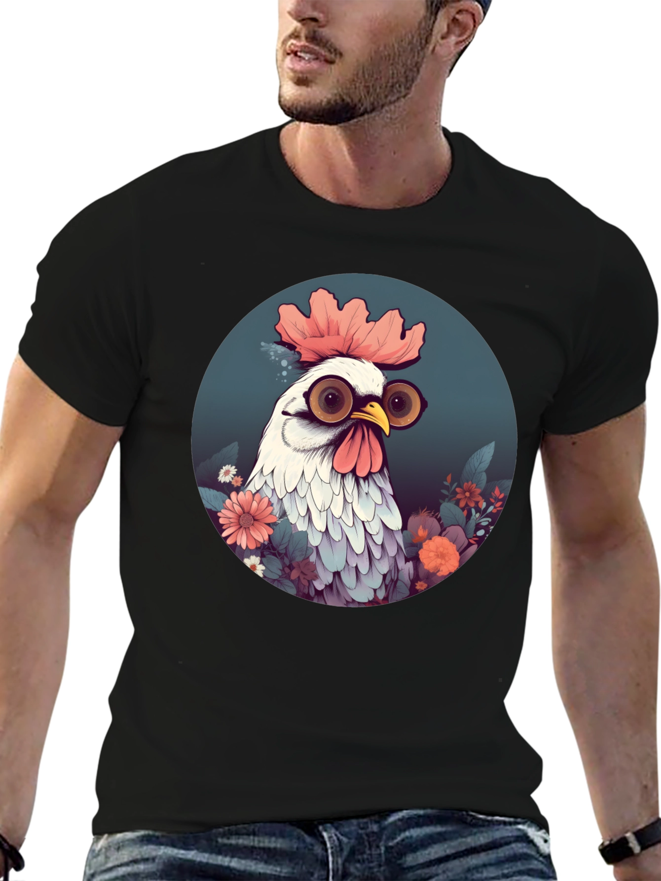 Quirky Chicken Graphic Tee - Round Neck Black
